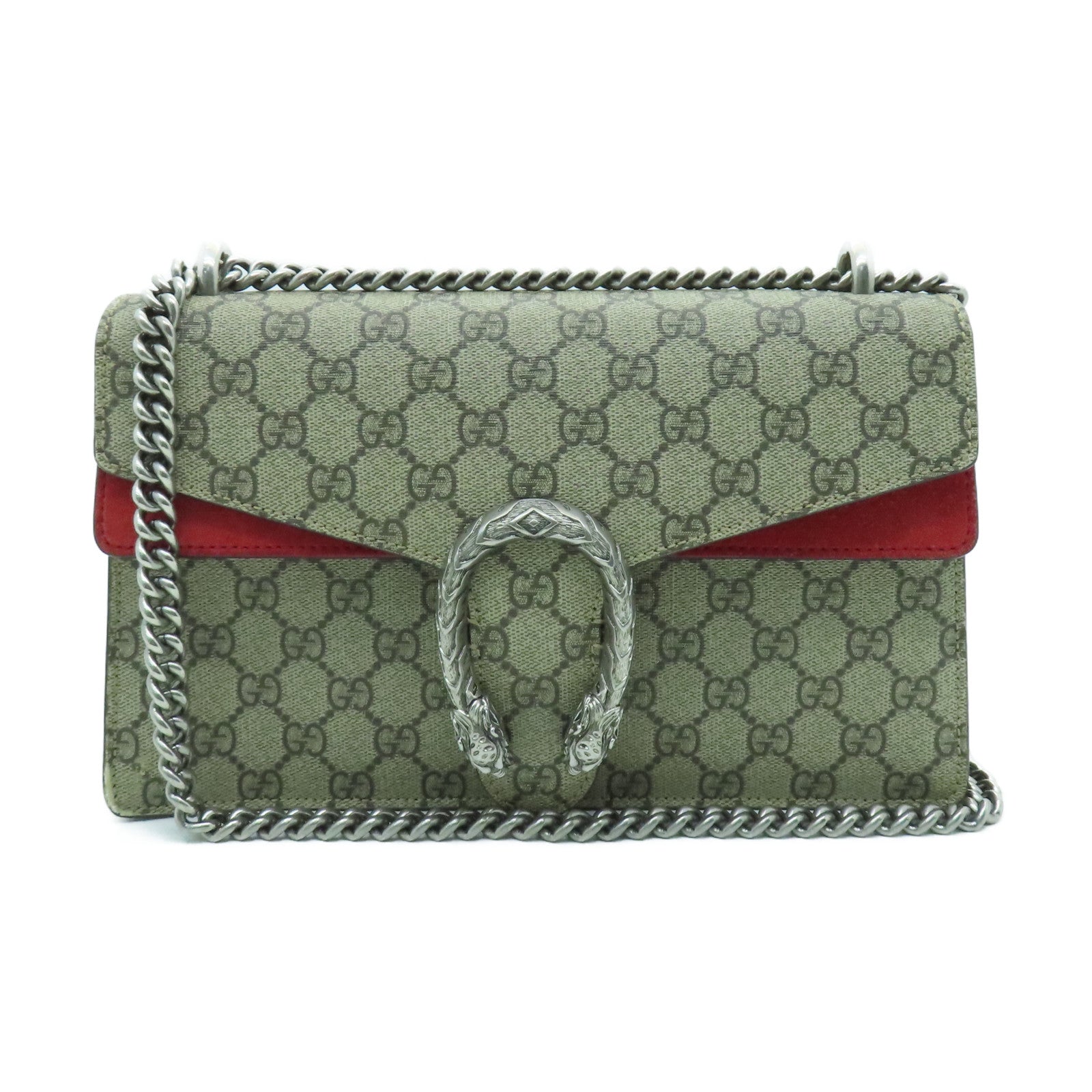 GUCCI Coated Canvas Dionysus GG Silver Buckle Chain Shoulder Bag Brown/Red