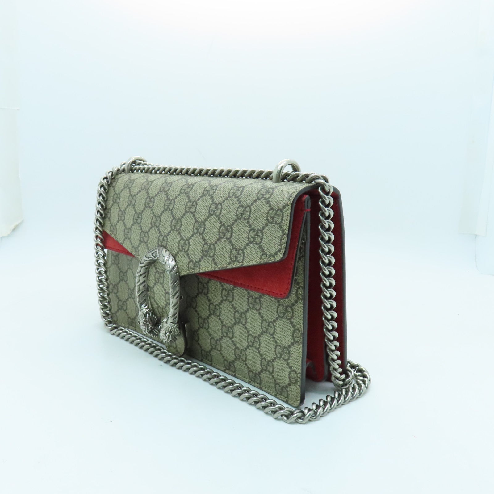 GUCCI Coated Canvas Dionysus GG Silver Buckle Chain Shoulder Bag Brown/Red