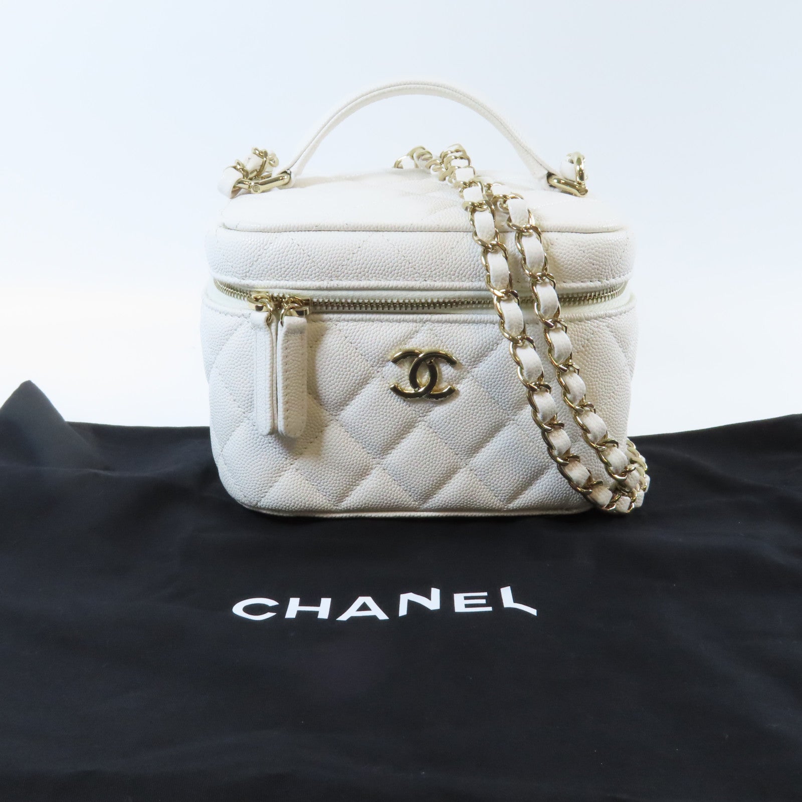 CHANEL 菱格Caviar皮革Vanity Case金扣手挽肩背兩用袋白色