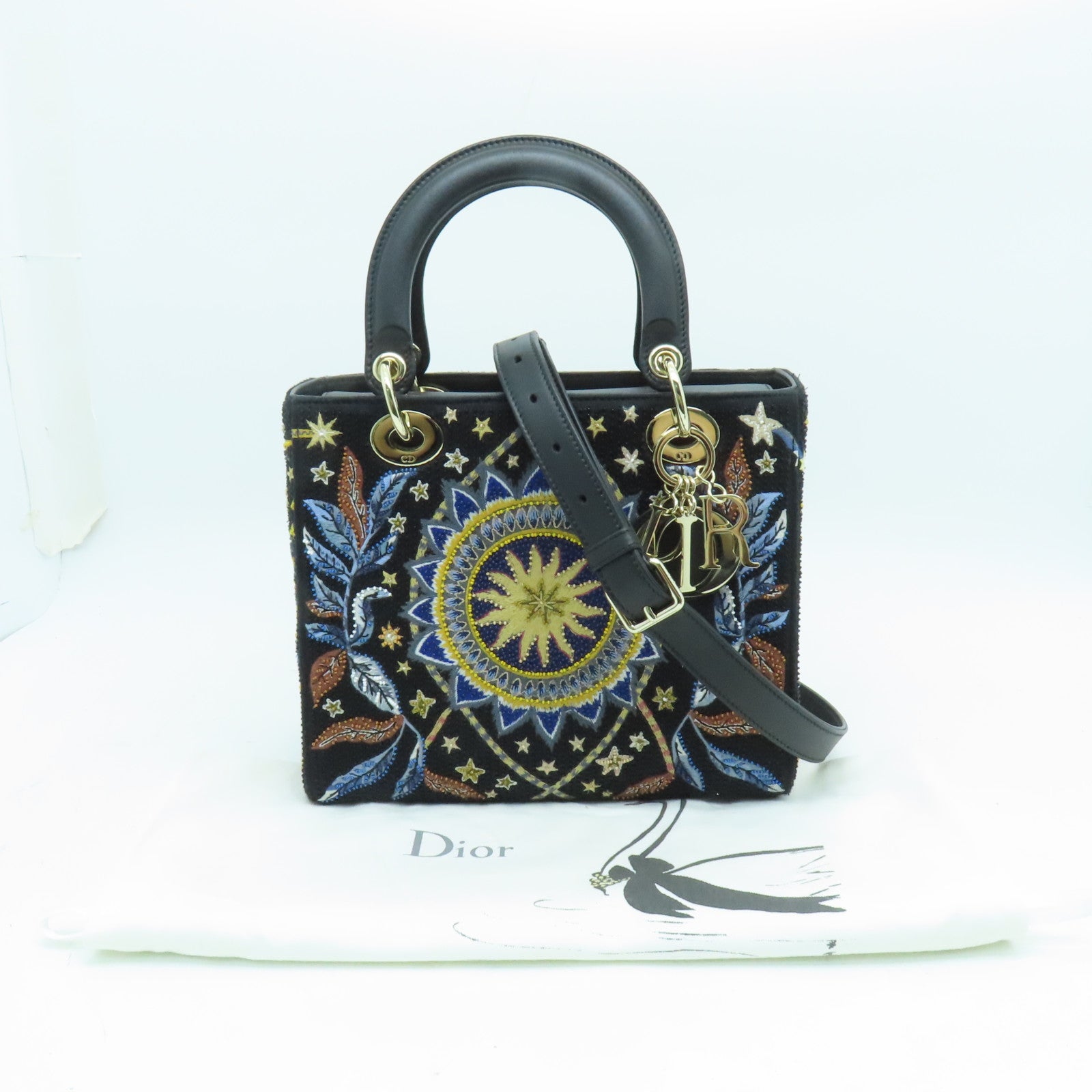 Dior 牛皮皮革Lady Dior Shoulder銀扣手挽肩背兩用袋黑色/多色
