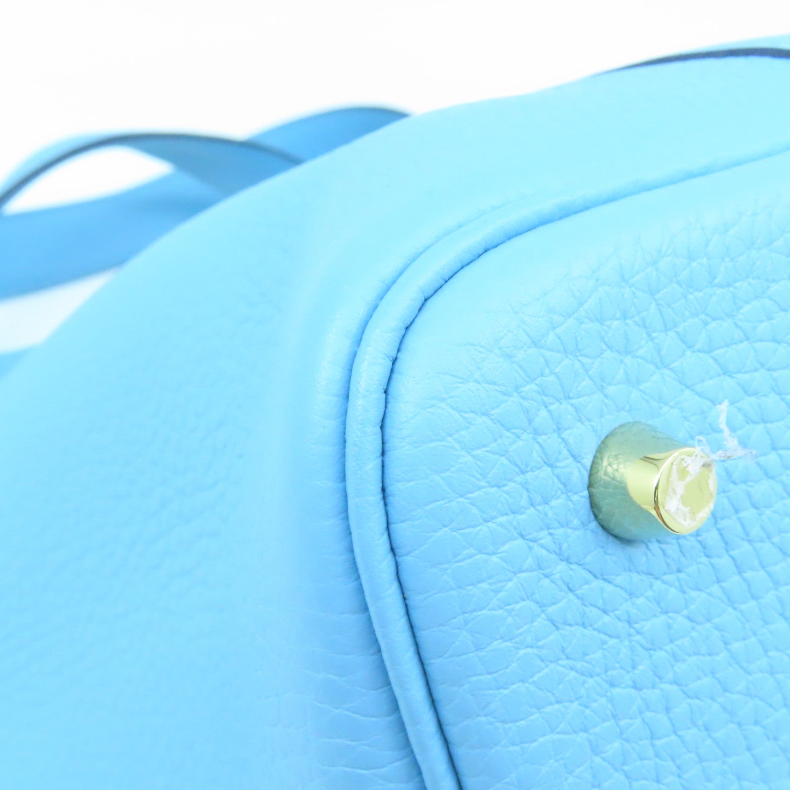 HERMES Clemence Leather Picotin MM Gold Buckle Handle Bag Blue Denoir Blue