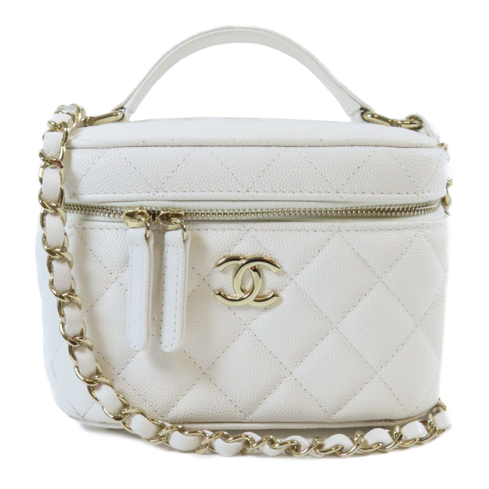 CHANEL 菱格Caviar皮革Vanity Case金扣手挽肩背兩用袋白色