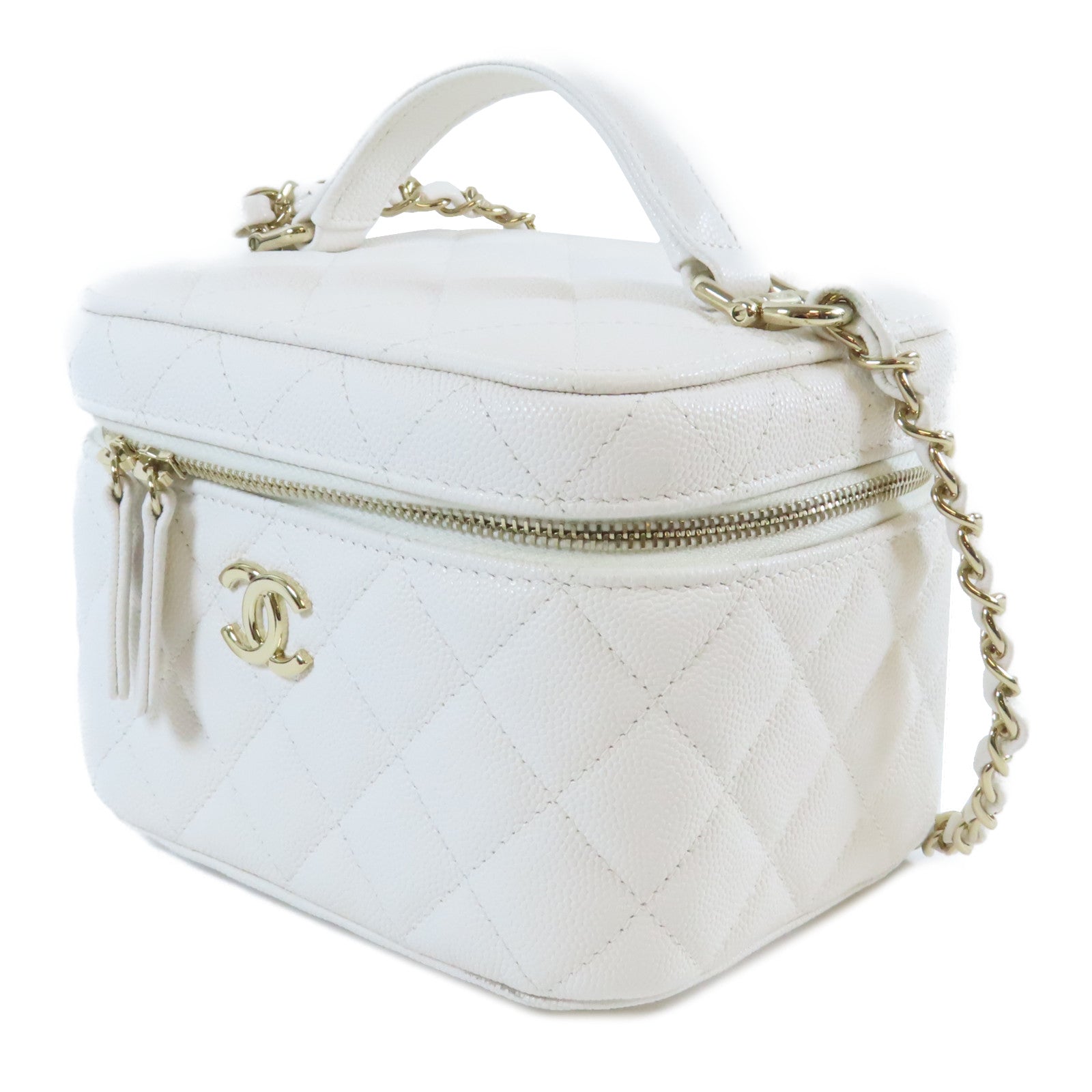 CHANEL 菱格Caviar皮革Vanity Case金扣手挽肩背兩用袋白色