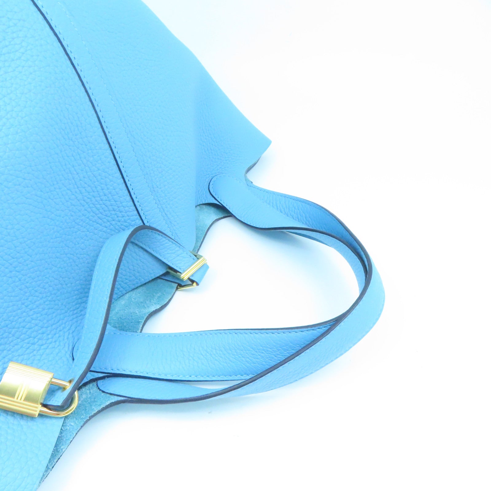 HERMES Clemence Leather Picotin MM Gold Buckle Handle Bag Blue Denoir Blue