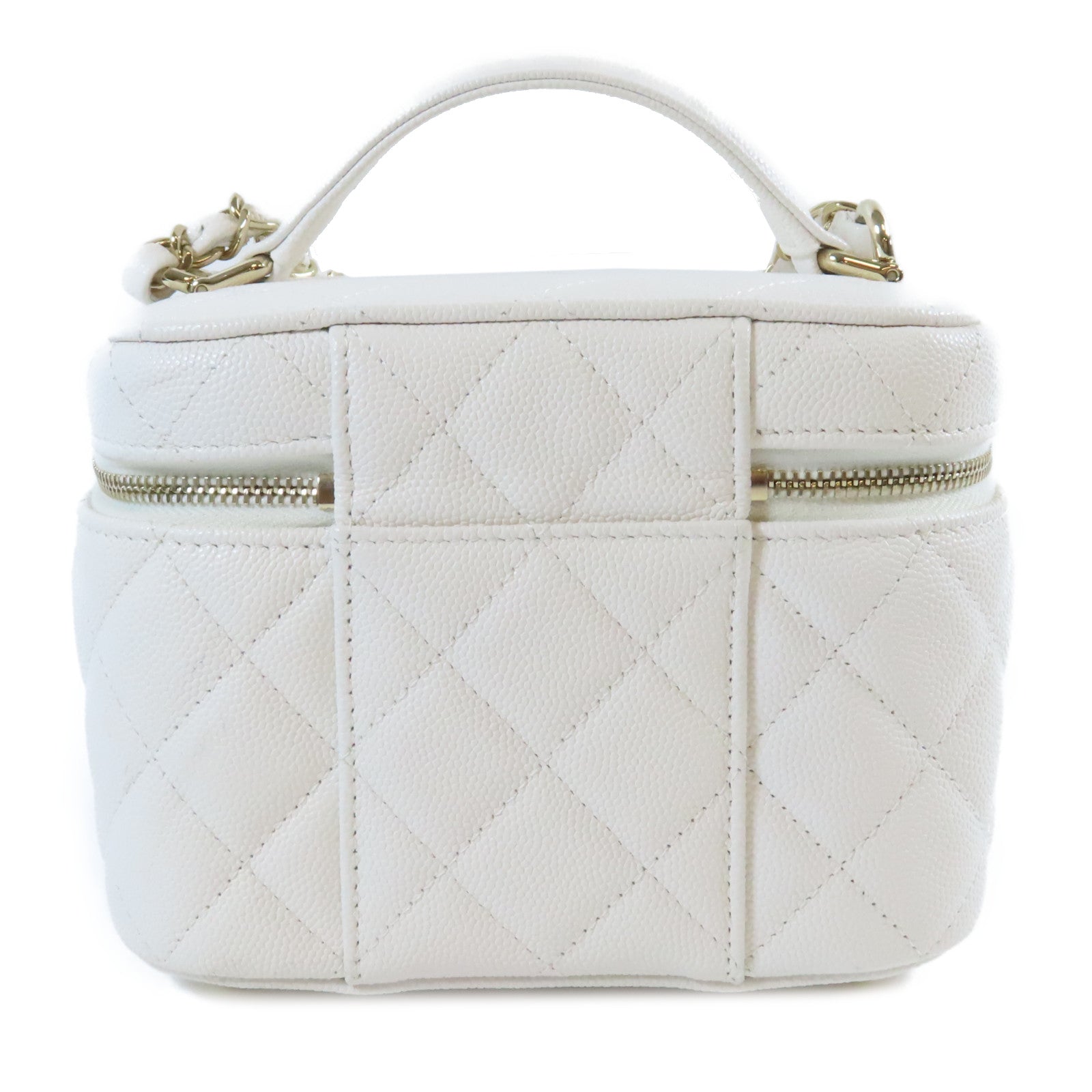 CHANEL 菱格Caviar皮革Vanity Case金扣手挽肩背兩用袋白色