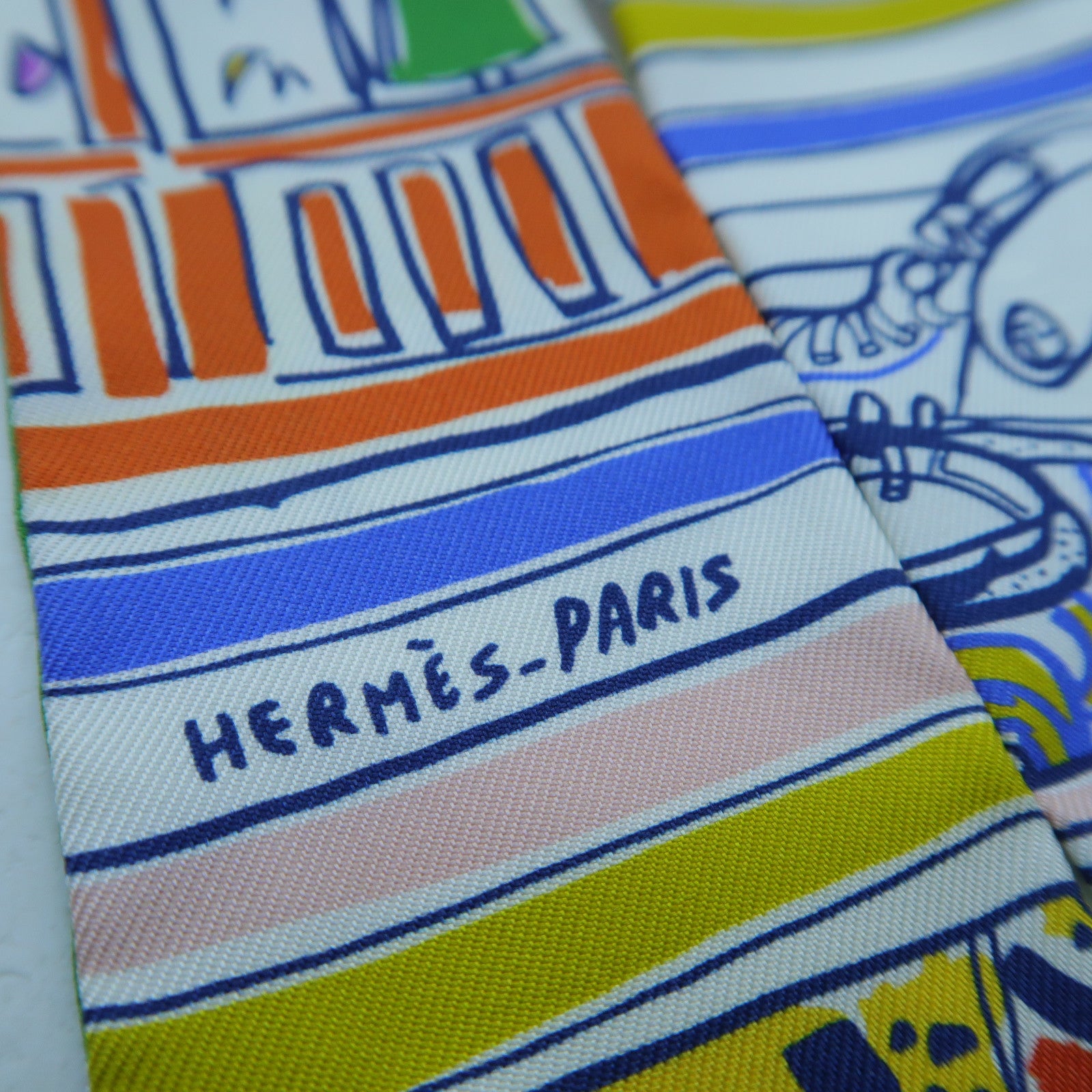 HERMES 絲質Twilly絲巾白色/綠色/藍色/橙色