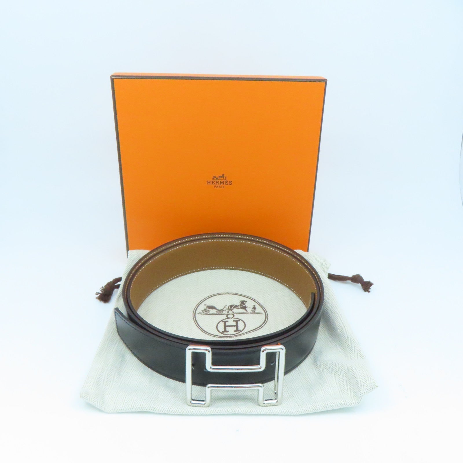 HERMES Swift/Togo Leather Belt H Silver Buckle Belt Gold/Noir Brown/Black