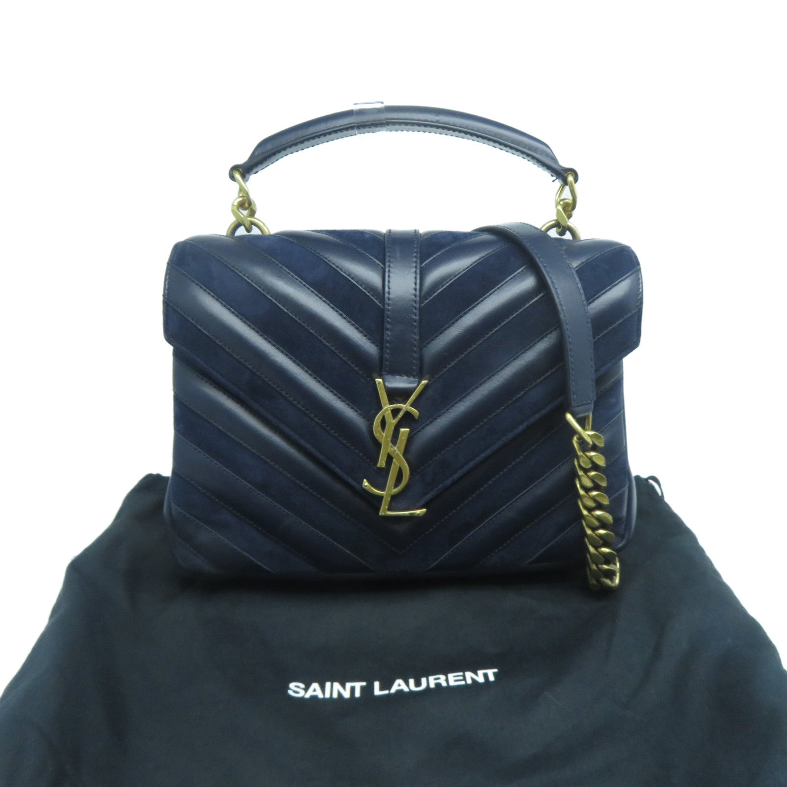 SAINT LAURENT 牛皮皮革/麂皮皮革College Medium金扣手挽肩背兩用袋藍色