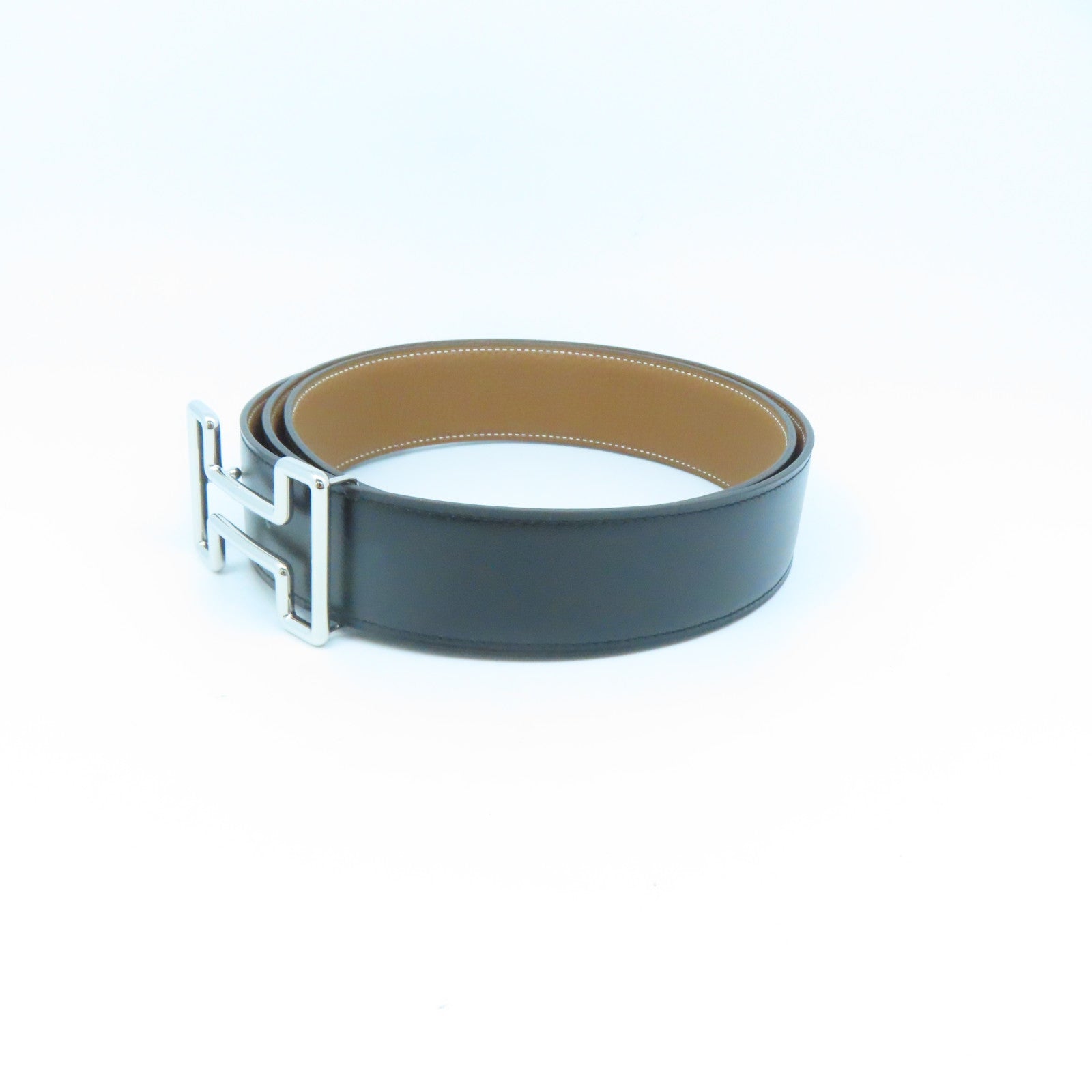 HERMES Swift/Togo Leather Belt H Silver Buckle Belt Gold/Noir Brown/Black