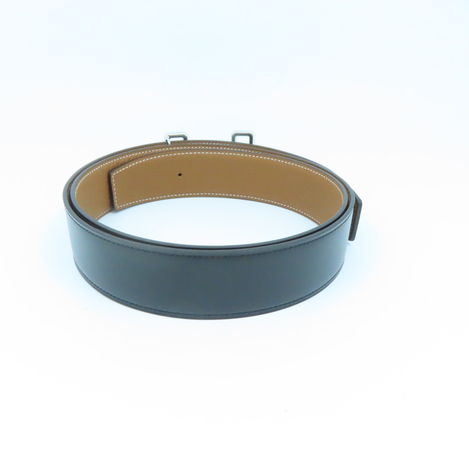 HERMES Swift/Togo Leather Belt H Silver Buckle Belt Gold/Noir Brown/Black