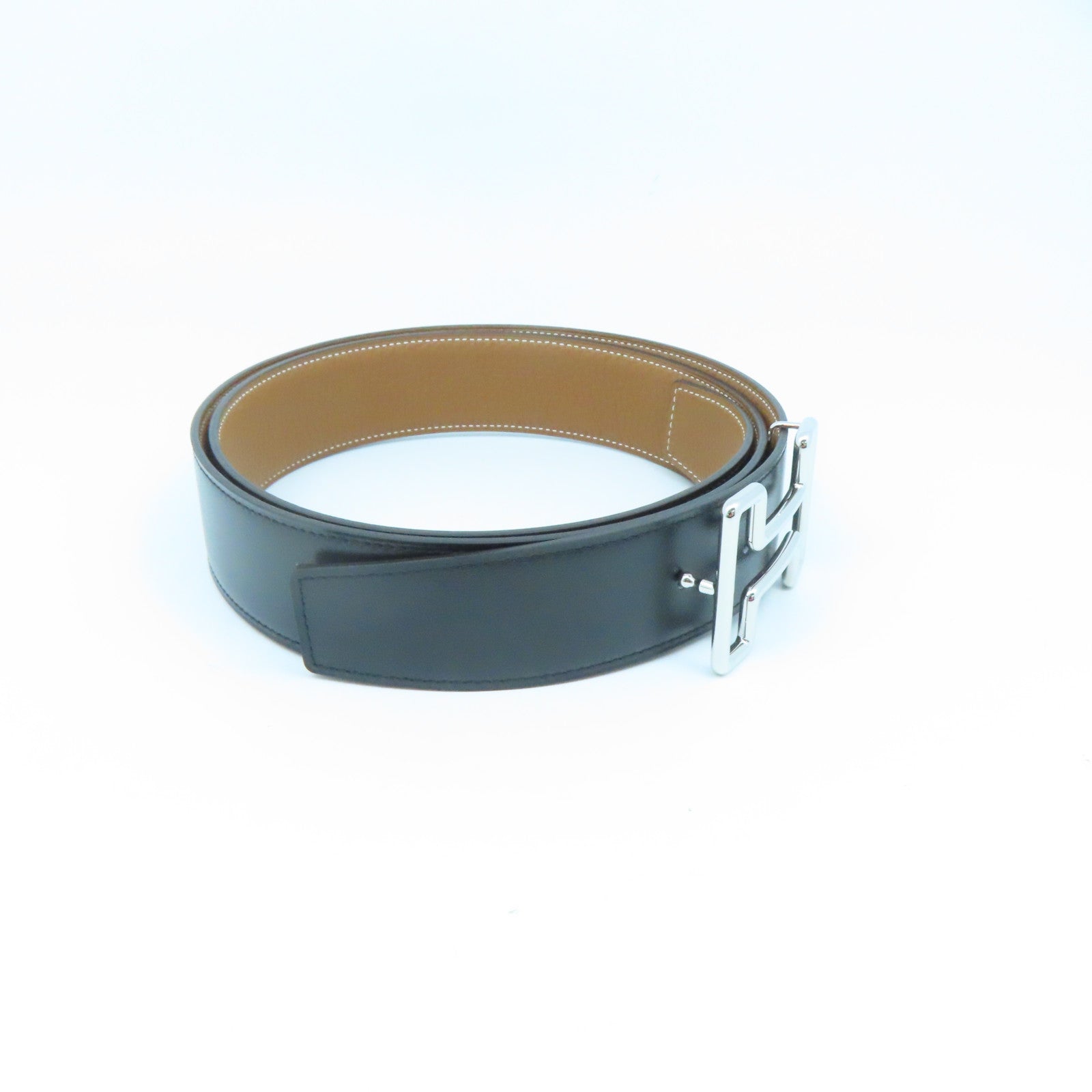 HERMES Swift/Togo Leather Belt H Silver Buckle Belt Gold/Noir Brown/Black