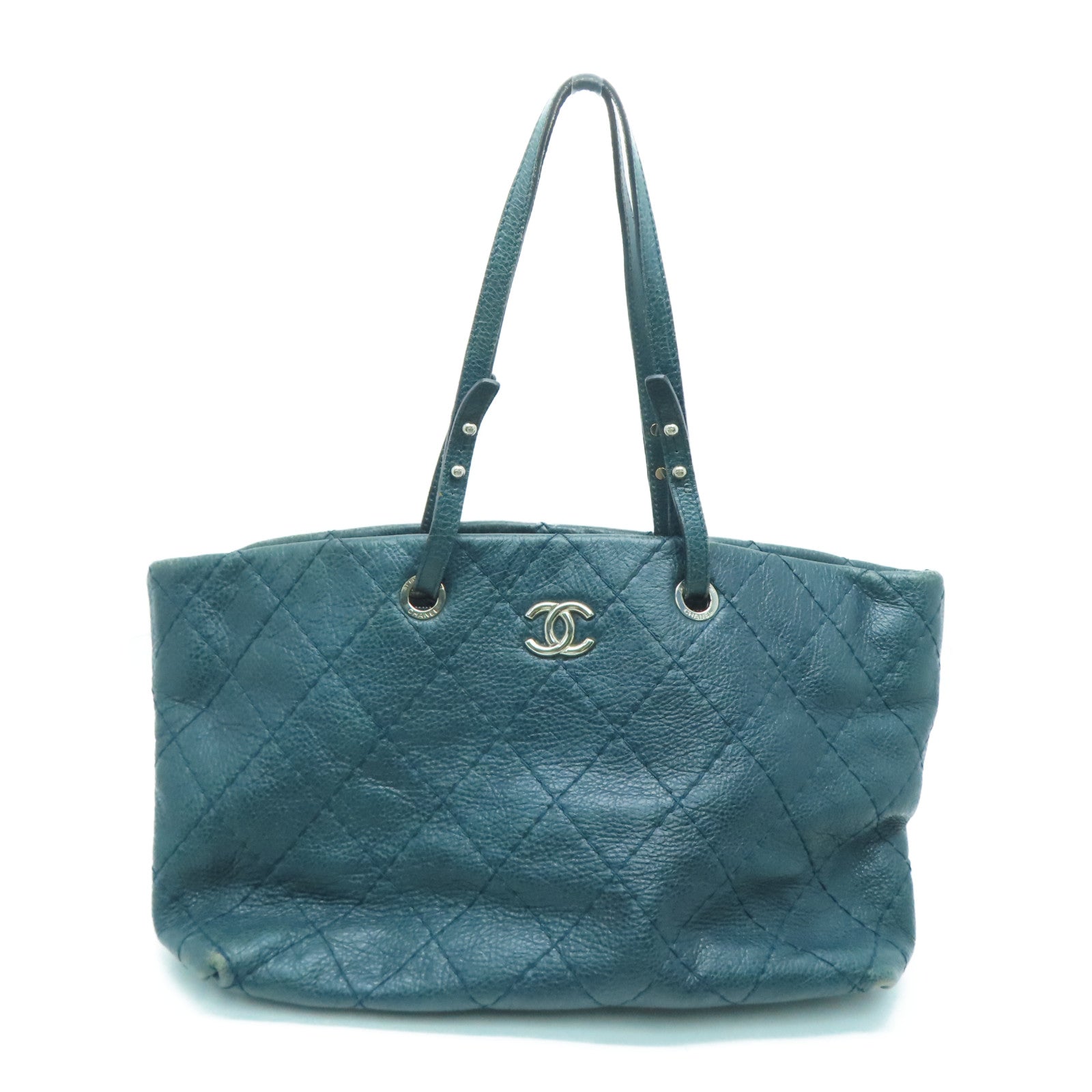 CHANEL 【激减优惠】菱格牛皮皮革Shoulder Tote Bag银扣手挽袋/肩背袋绿色