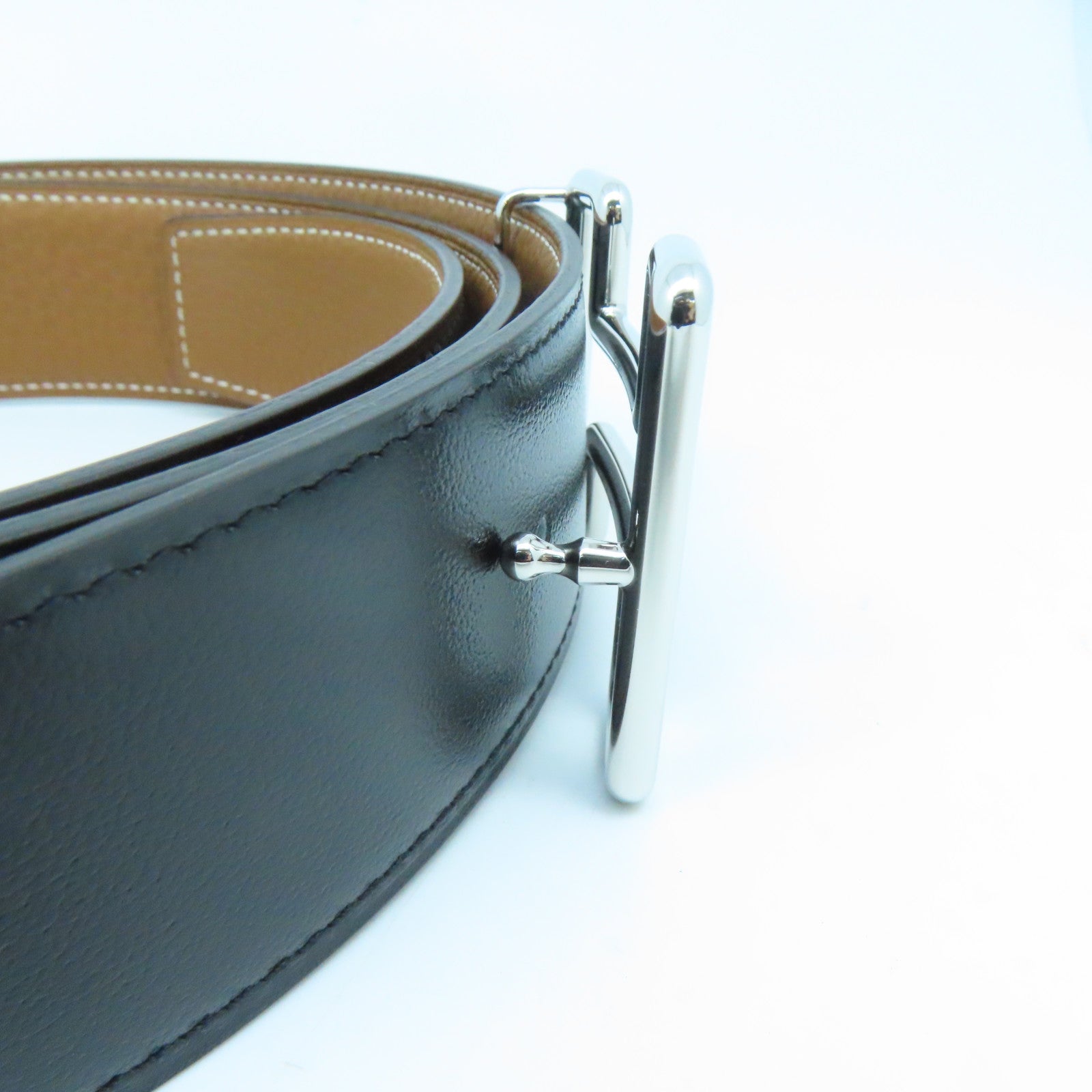 HERMES Swift/Togo Leather Belt H Silver Buckle Belt Gold/Noir Brown/Black
