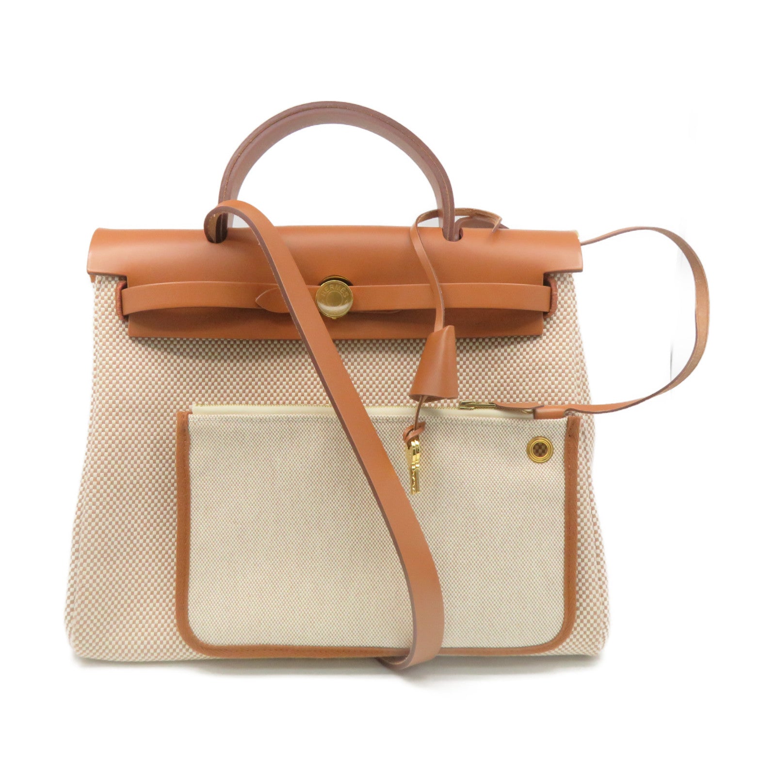 HERMES 帆布Herbag PM金扣手挽肩背兩用袋Ecru/Beige/Fauve啡色