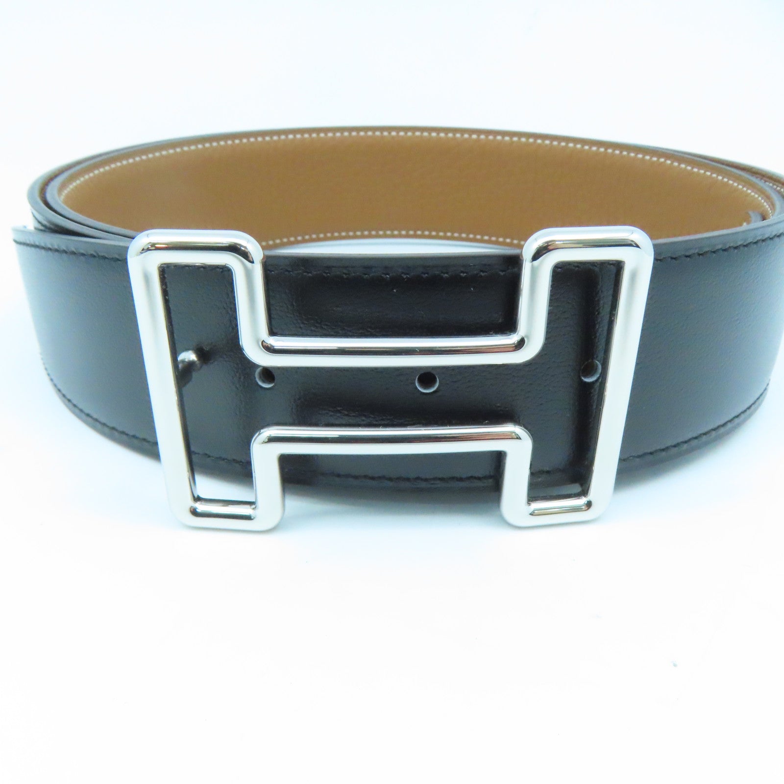 HERMES Swift/Togo Leather Belt H Silver Buckle Belt Gold/Noir Brown/Black