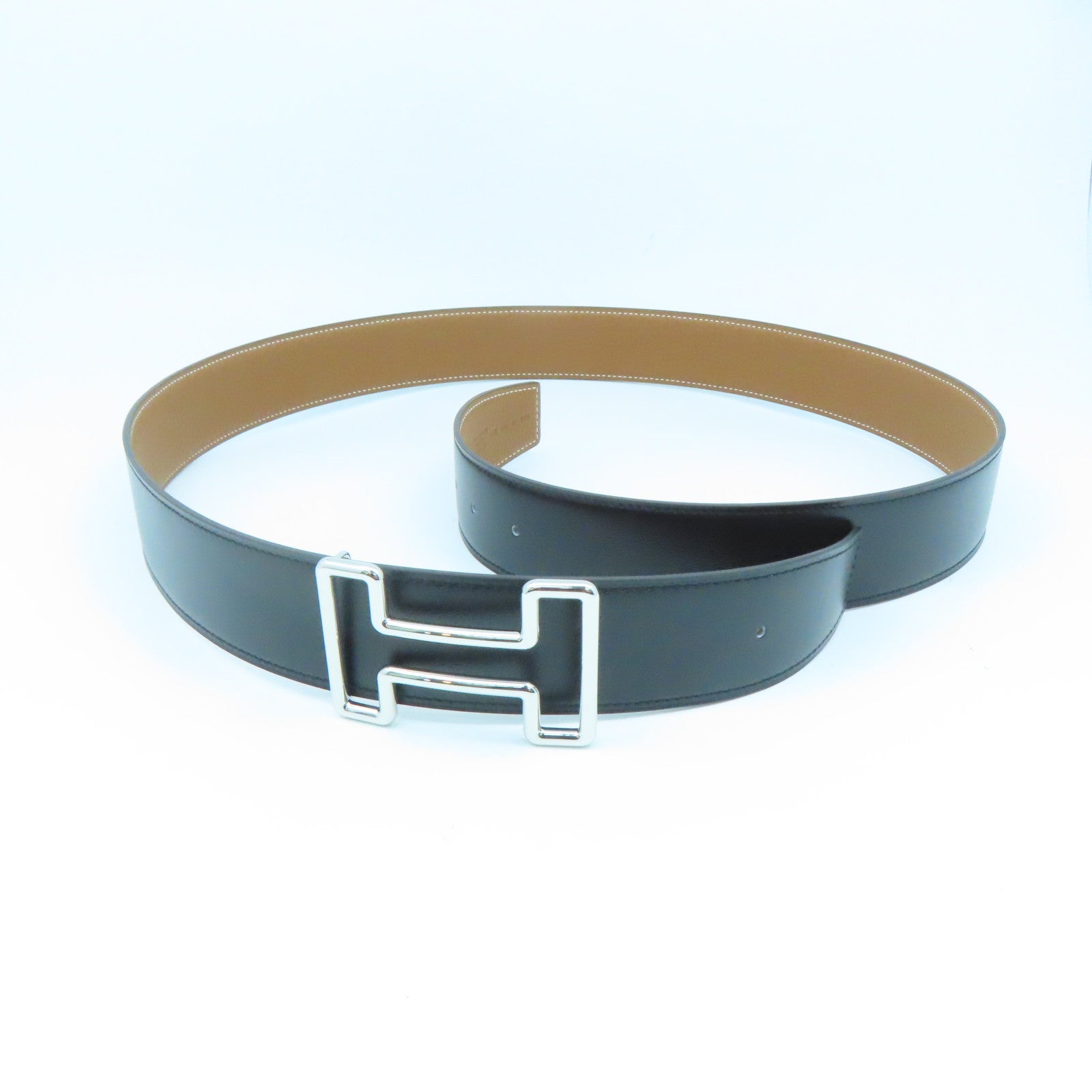 HERMES Swift/Togo Leather Belt H Silver Buckle Belt Gold/Noir Brown/Black