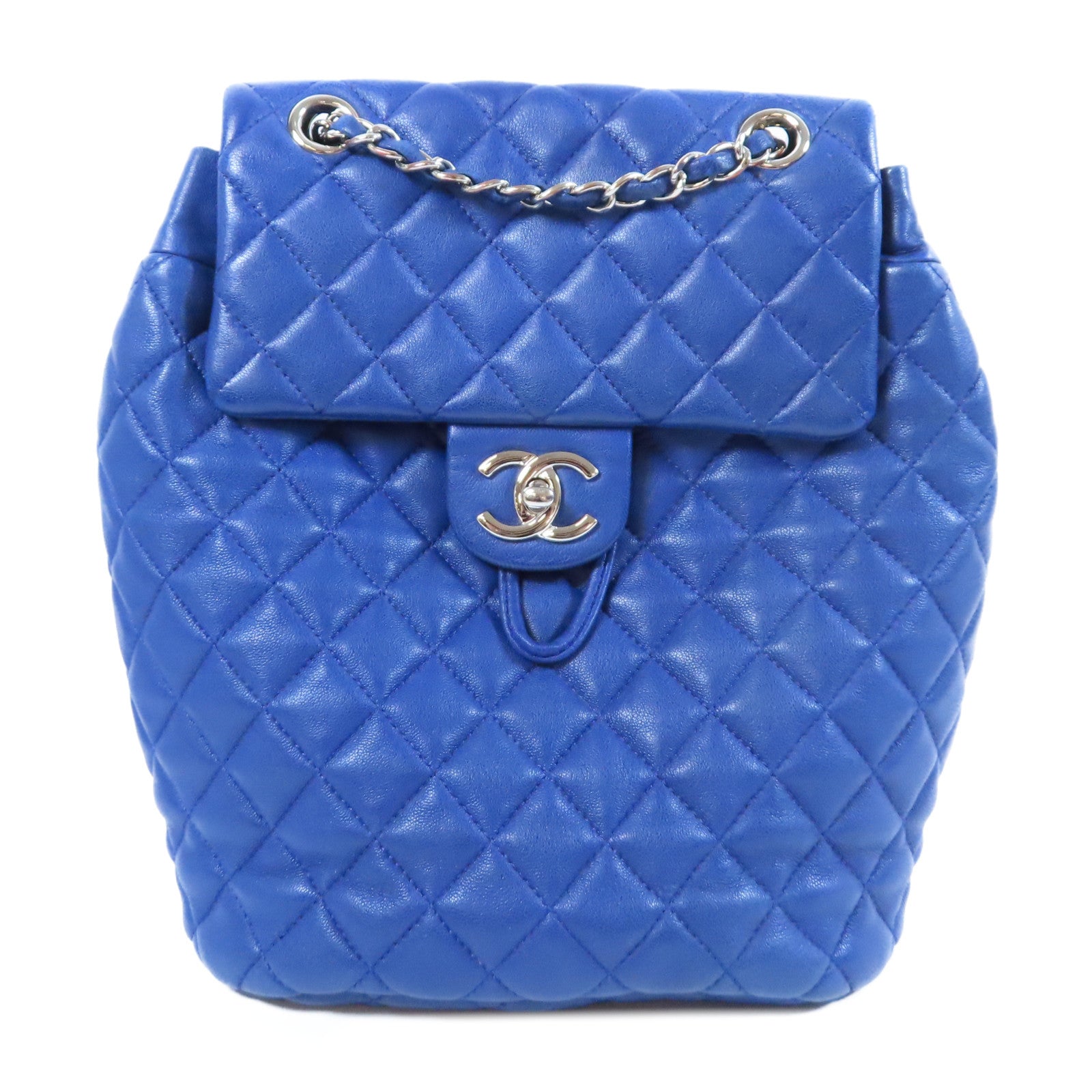 CHANEL 菱格羊皮皮革Backpack銀扣背包藍色