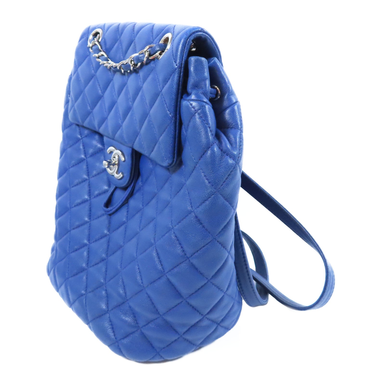 CHANEL 菱格羊皮皮革Backpack銀扣背包藍色