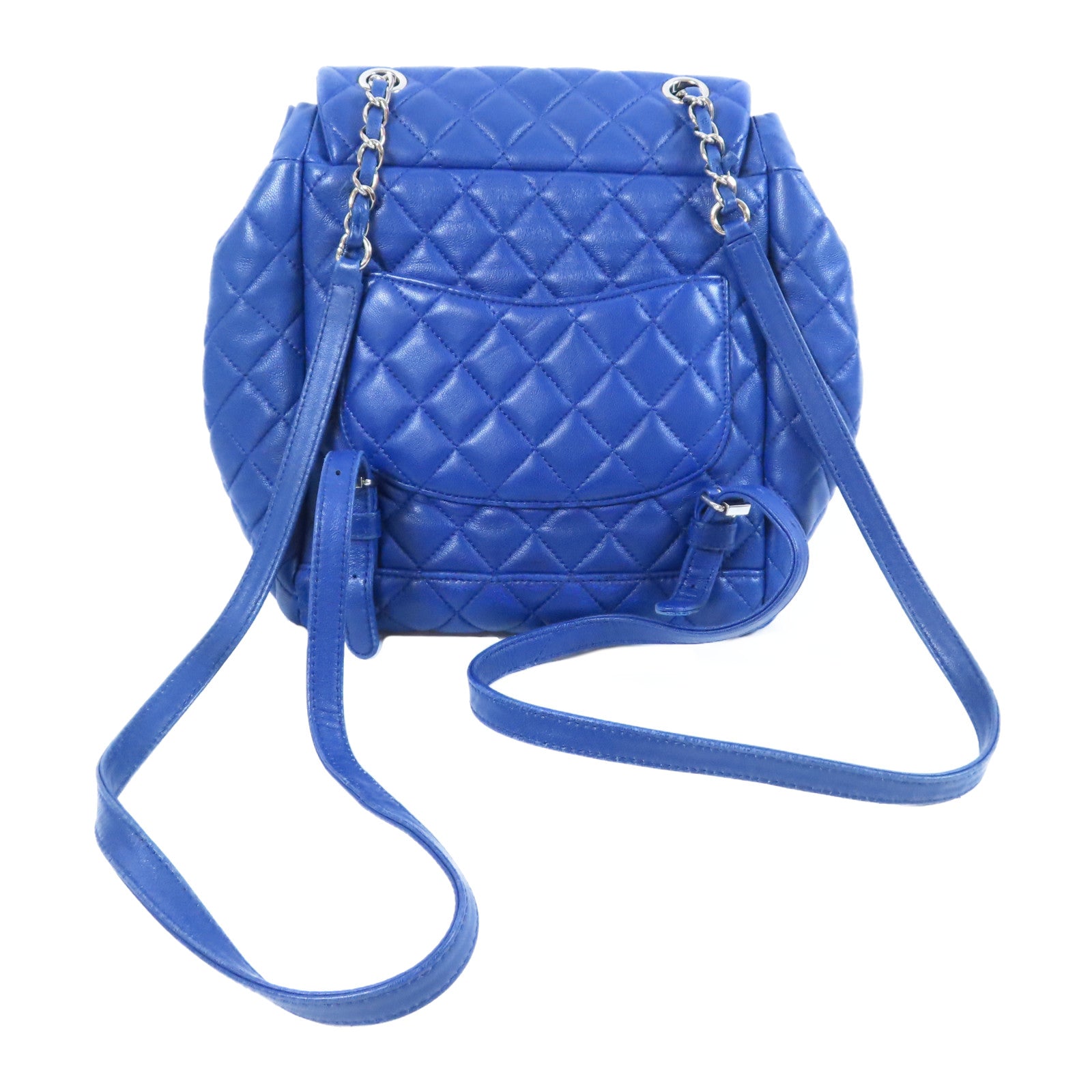 CHANEL 菱格羊皮皮革Backpack銀扣背包藍色