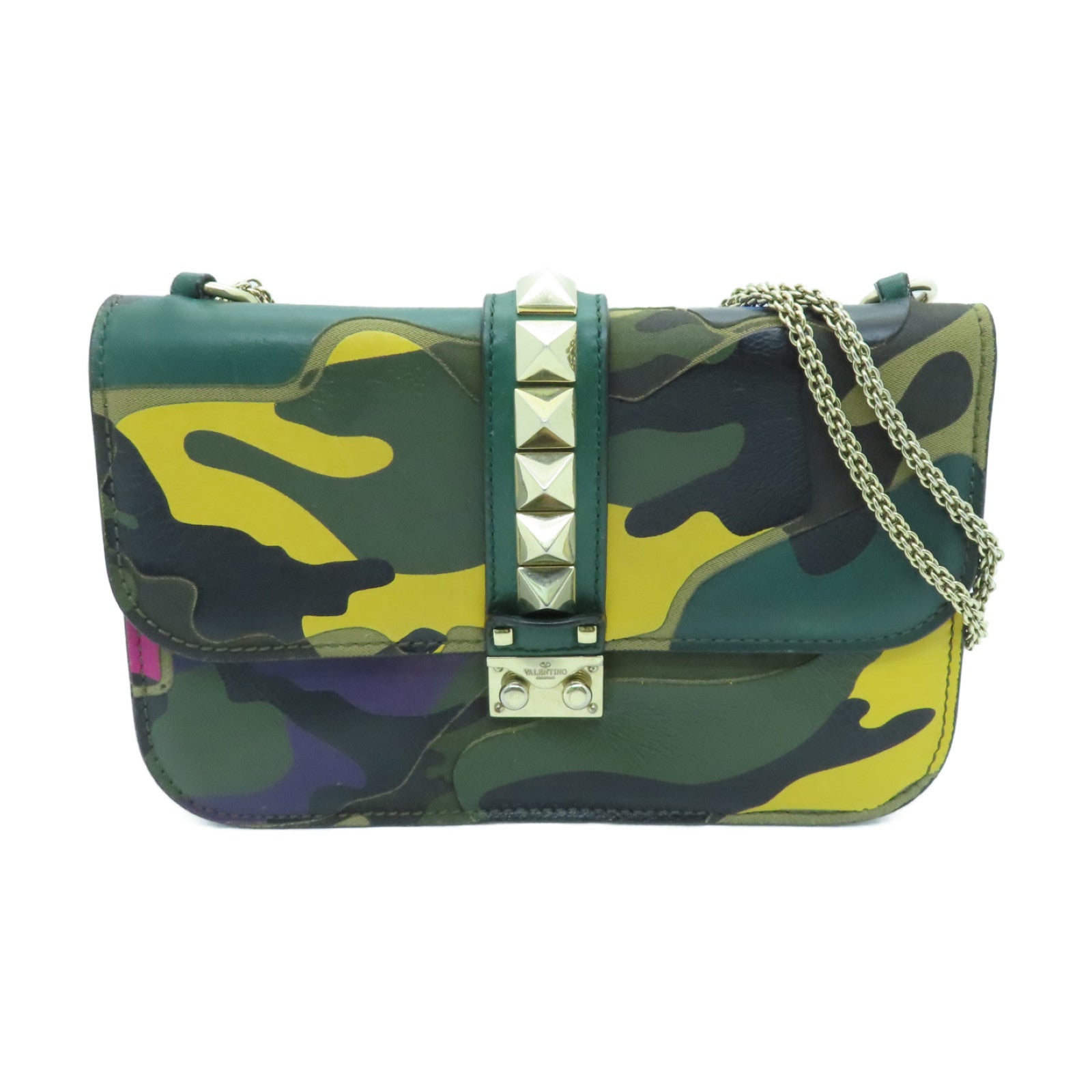 Valentino Leather GLAM Lock Gold Buckle Shoulder Bag Green/Multicolor