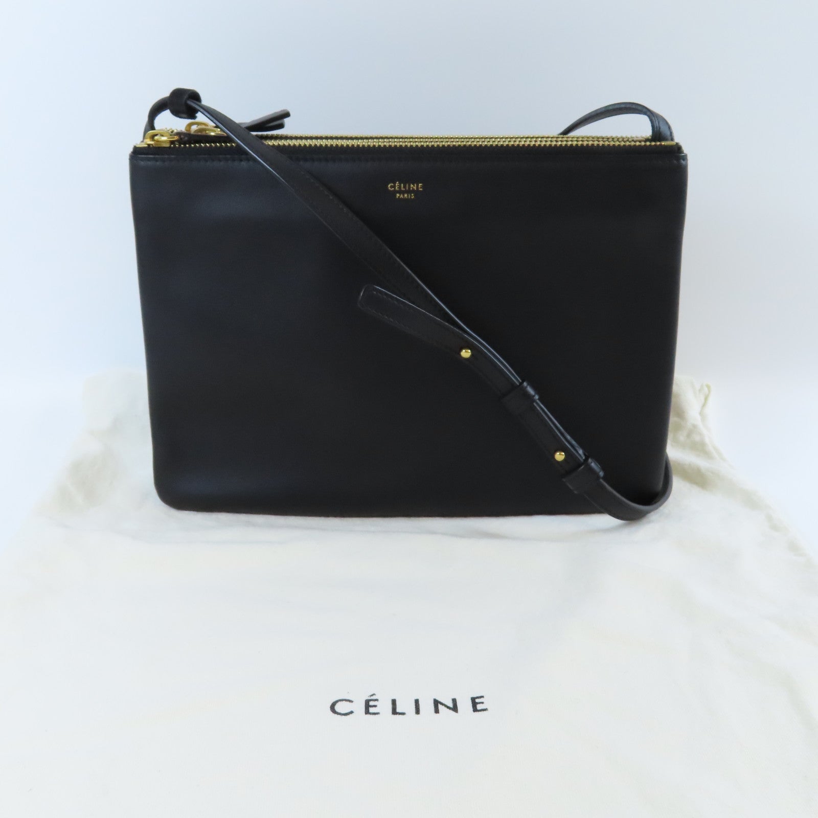 CELINE 牛皮皮革Trio Shoulder Bag金扣肩背袋黑色