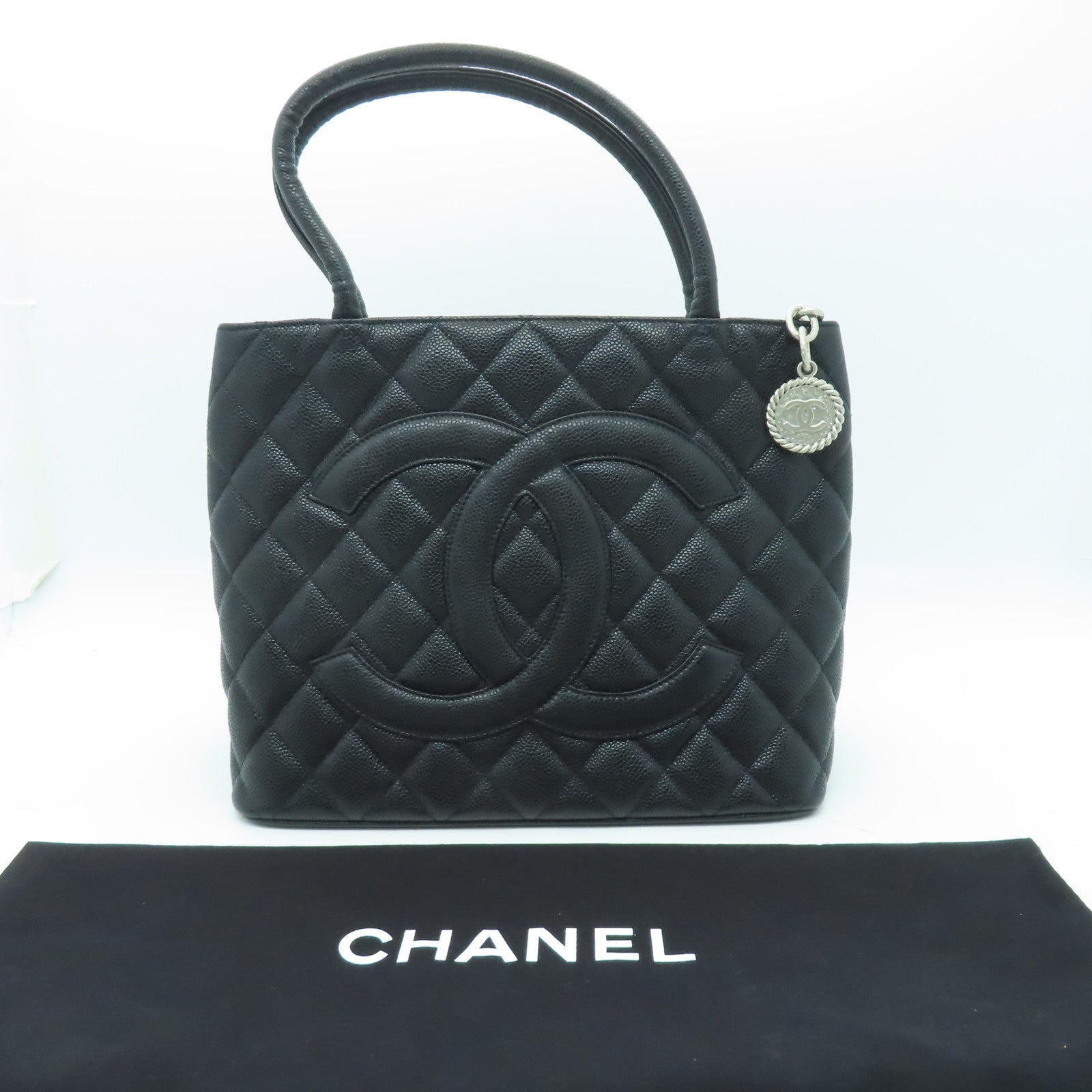 CHANEL 菱格Caviar皮革Handbag銀扣手挽袋黑色