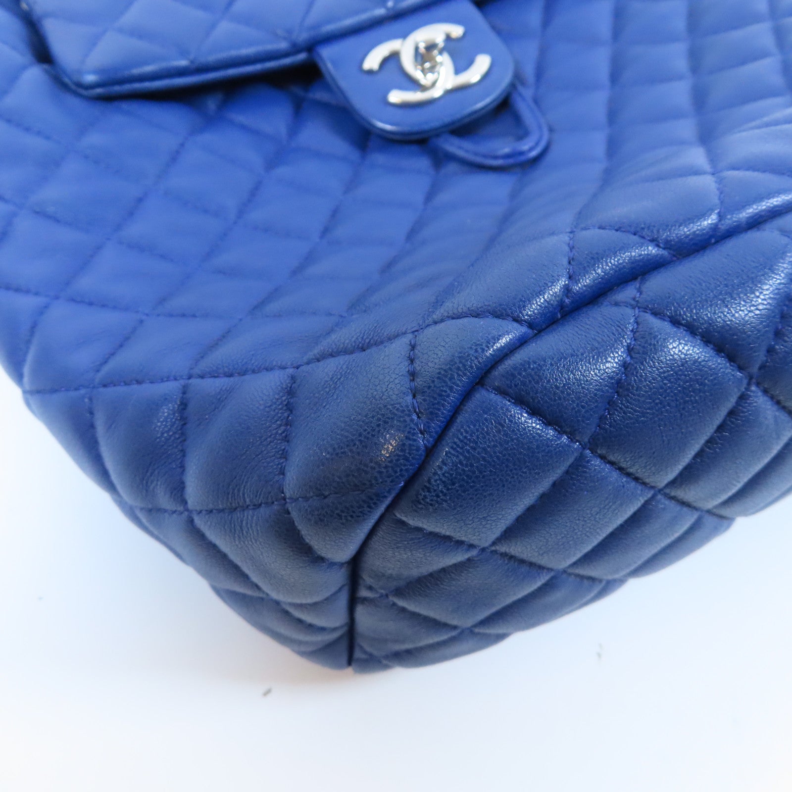 CHANEL 菱格羊皮皮革Backpack銀扣背包藍色