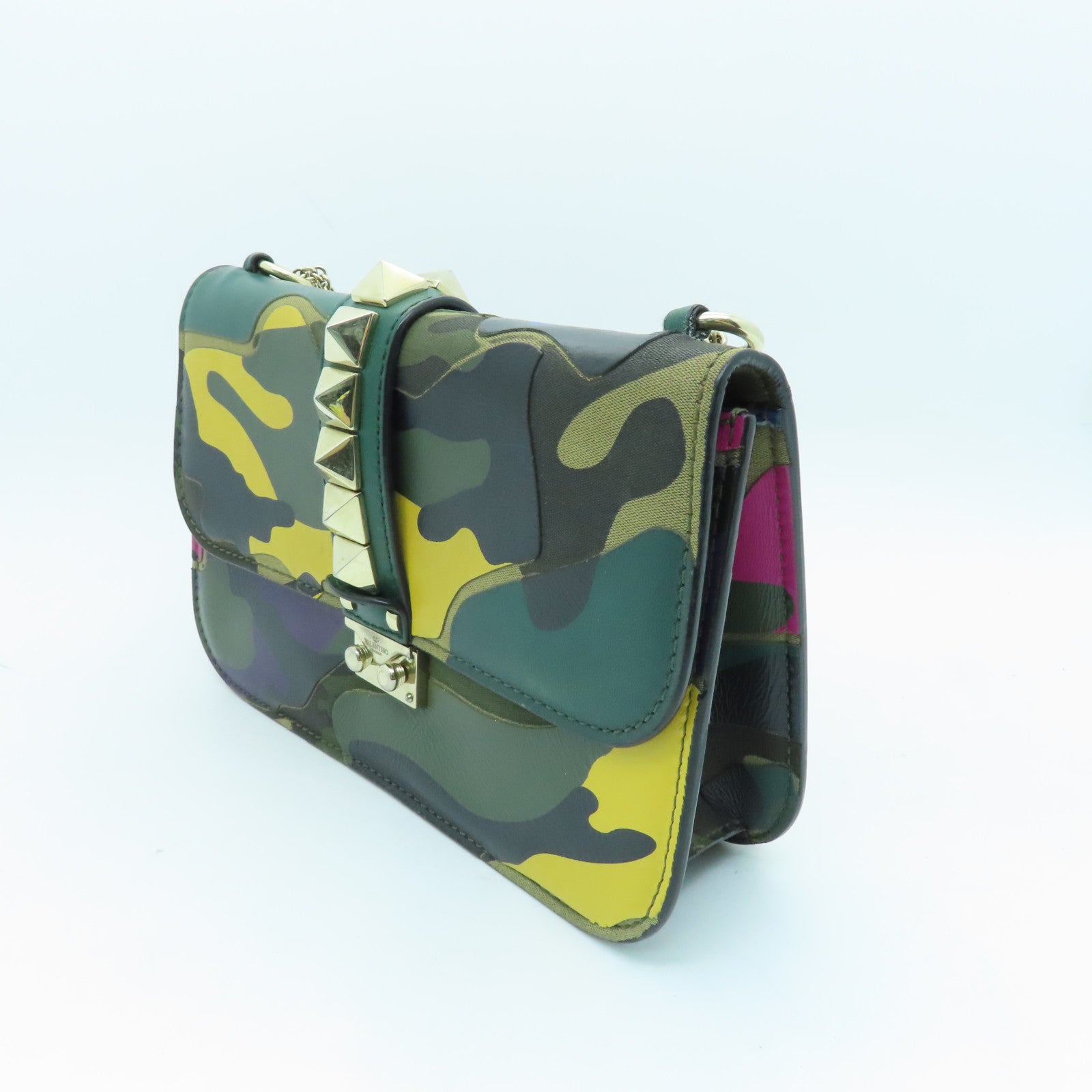 Valentino Leather GLAM Lock Gold Buckle Shoulder Bag Green/Multicolor