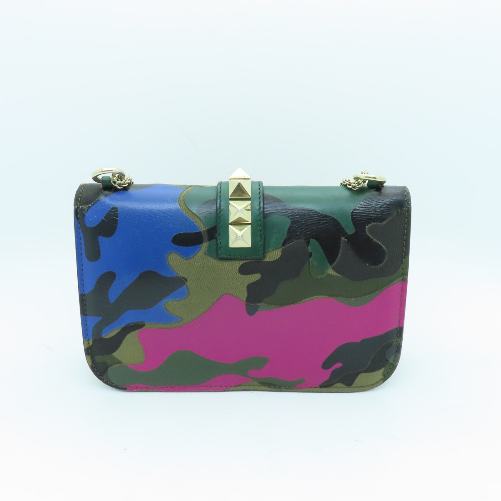 Valentino Leather GLAM Lock Gold Buckle Shoulder Bag Green/Multicolor