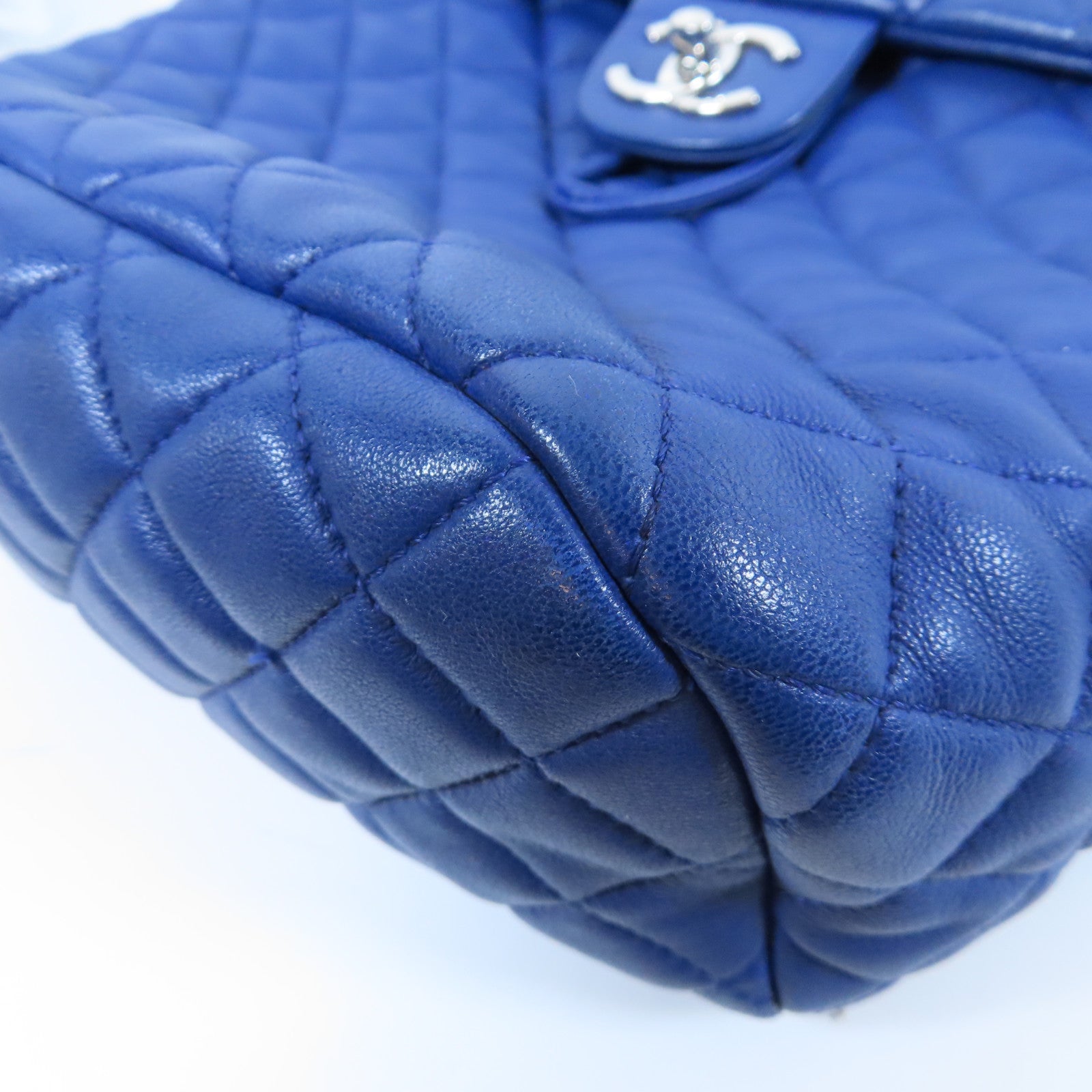 CHANEL 菱格羊皮皮革Backpack銀扣背包藍色