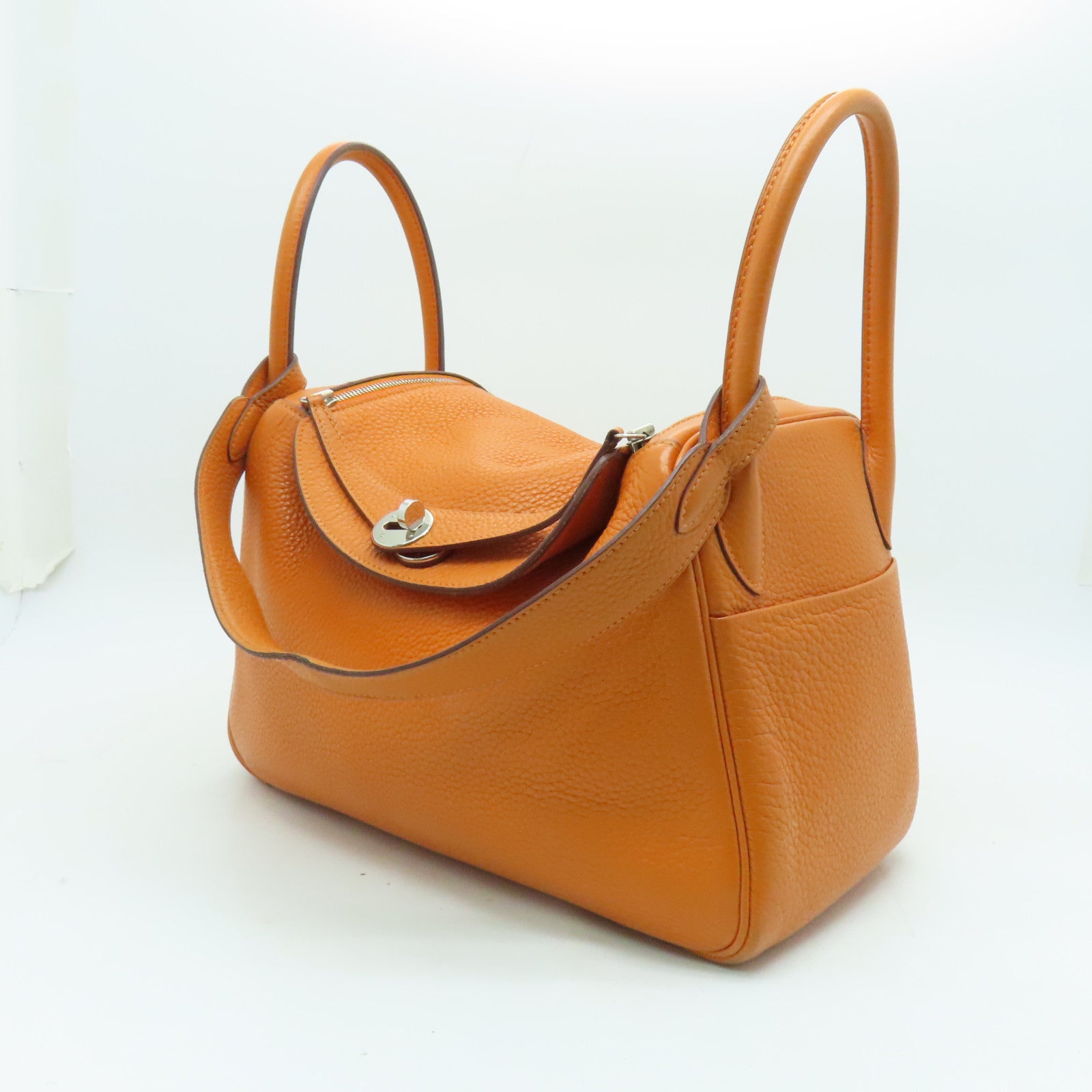 HERMES 【激減優惠】Clemence皮革Lindy 30 2 way Shoulder銀扣手挽肩背兩用袋橙色