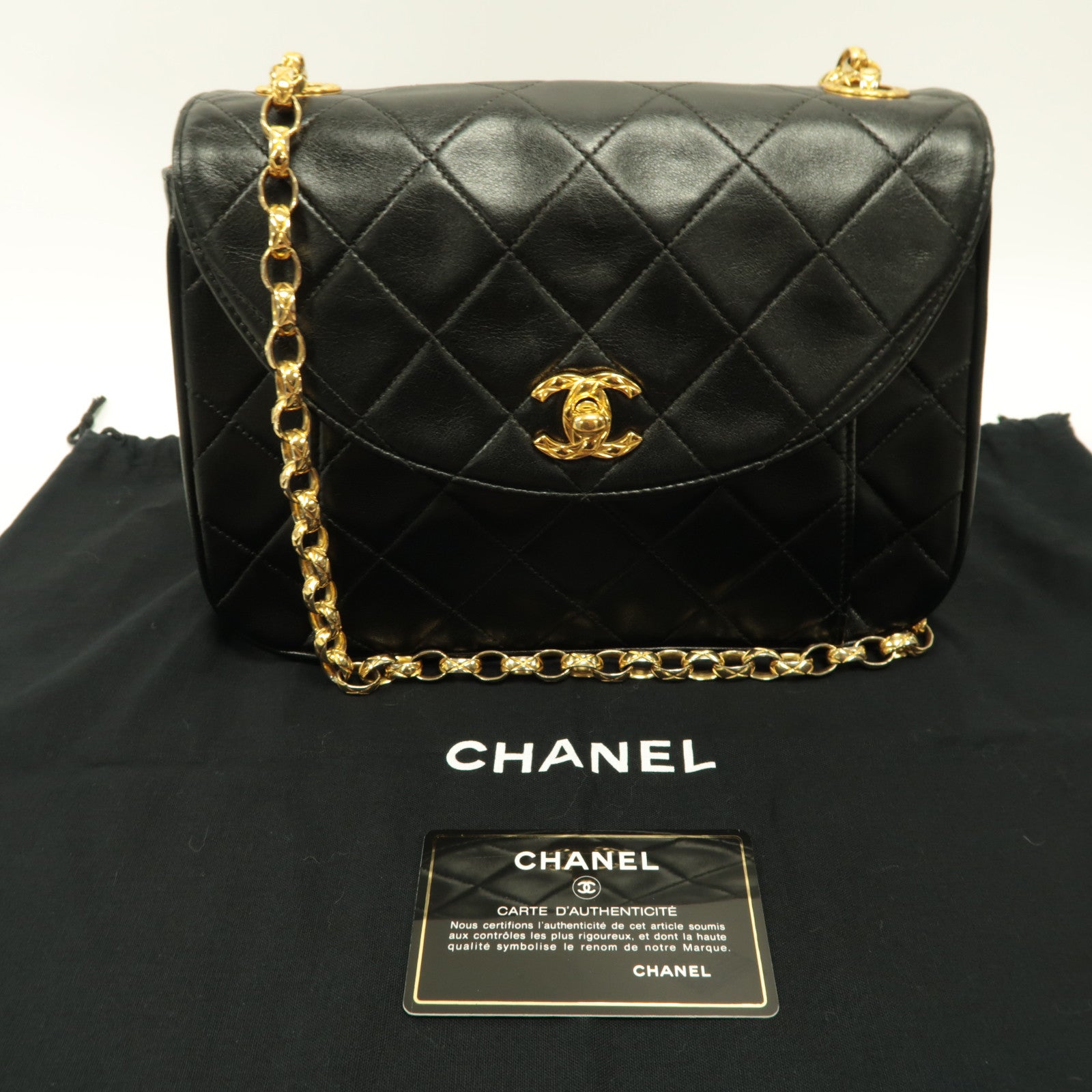 CHANEL 菱格羊皮皮革Vintage Shoulder Bag金扣鏈帶肩背袋黑色