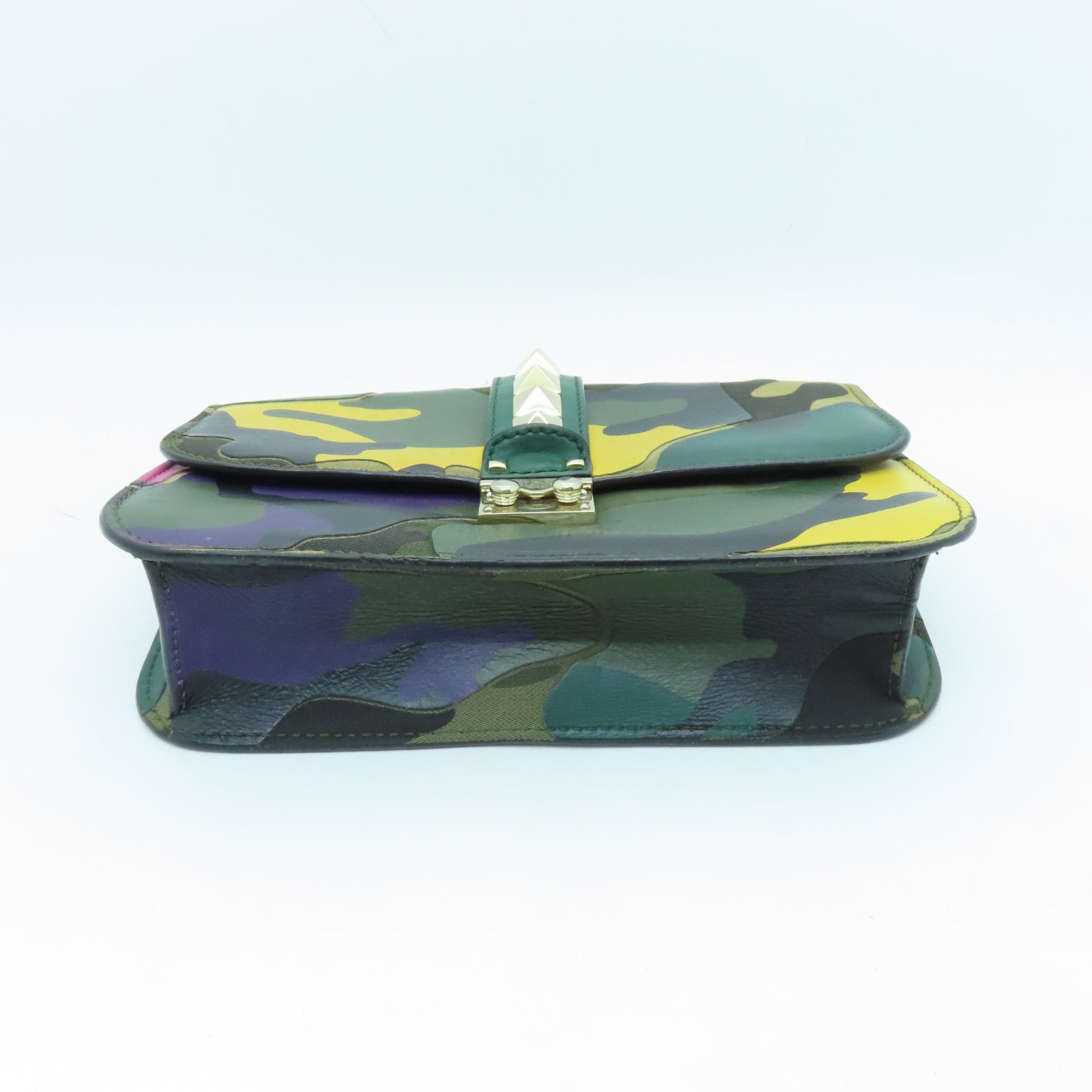 Valentino Leather GLAM Lock Gold Buckle Shoulder Bag Green/Multicolor