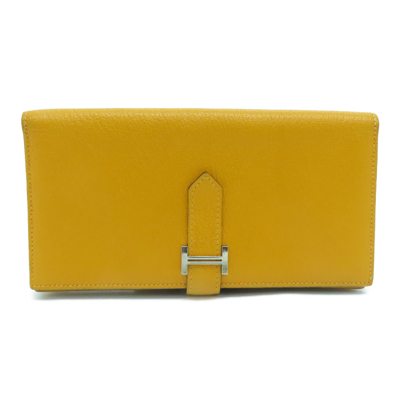HERMES Chevre皮革Bearn bi-fold银扣长钱包Mango/黄色