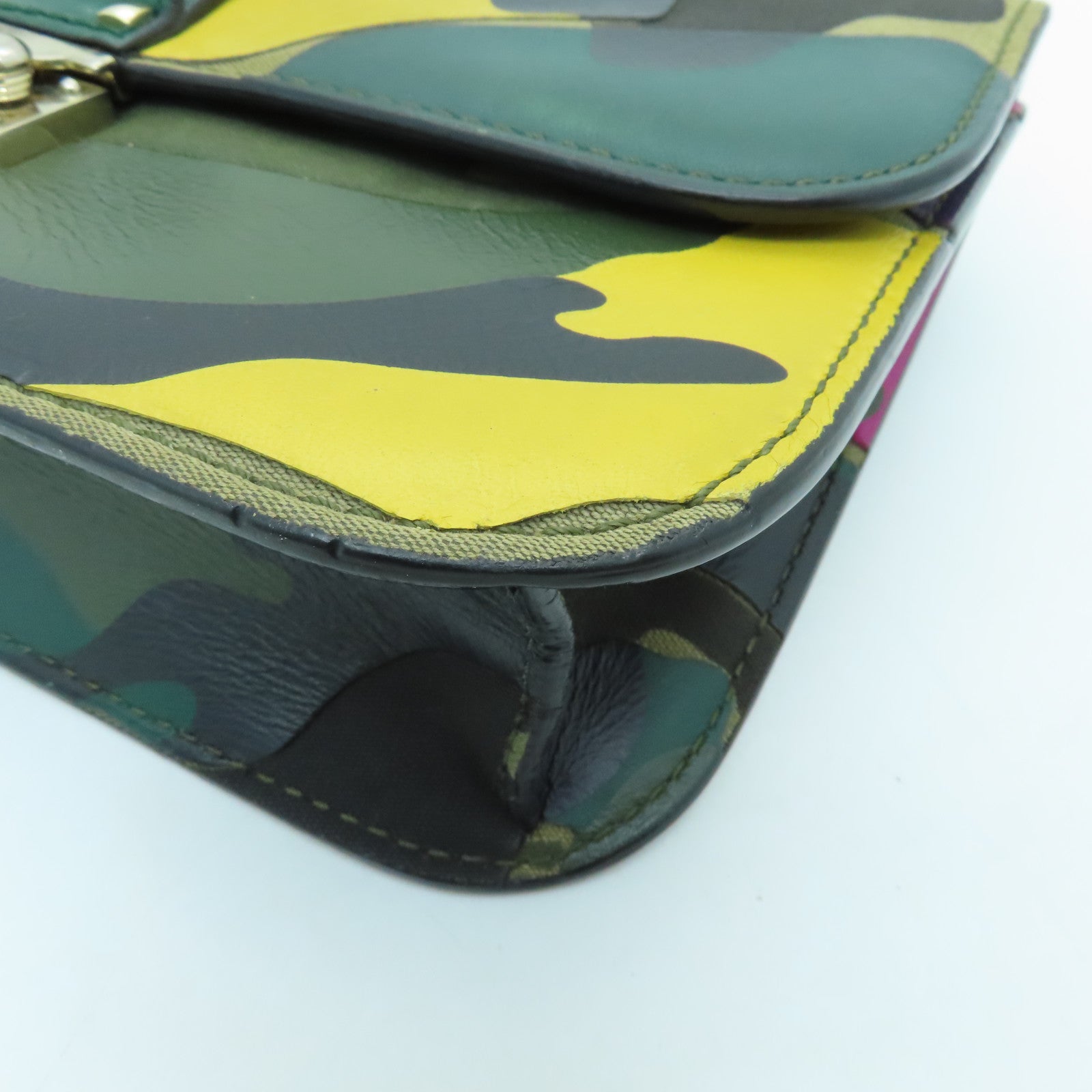 Valentino Leather GLAM Lock Gold Buckle Shoulder Bag Green/Multicolor