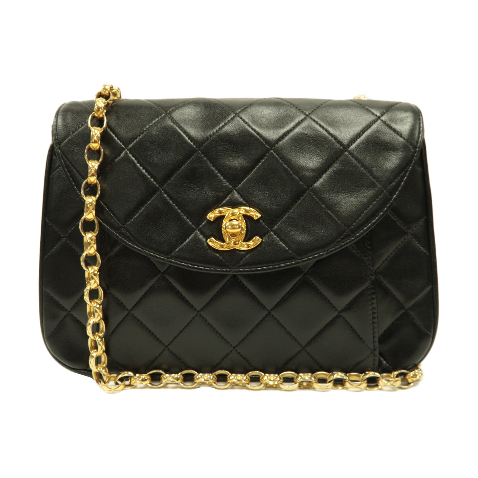 CHANEL 菱格羊皮皮革Vintage Shoulder Bag金扣鏈帶肩背袋黑色
