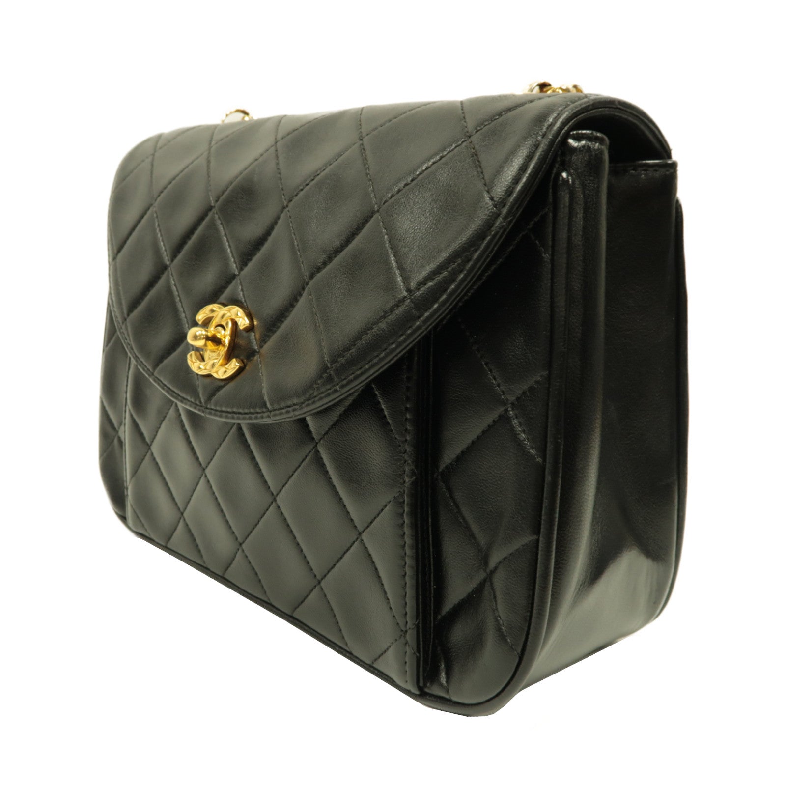 CHANEL 菱格羊皮皮革Vintage Shoulder Bag金扣鏈帶肩背袋黑色