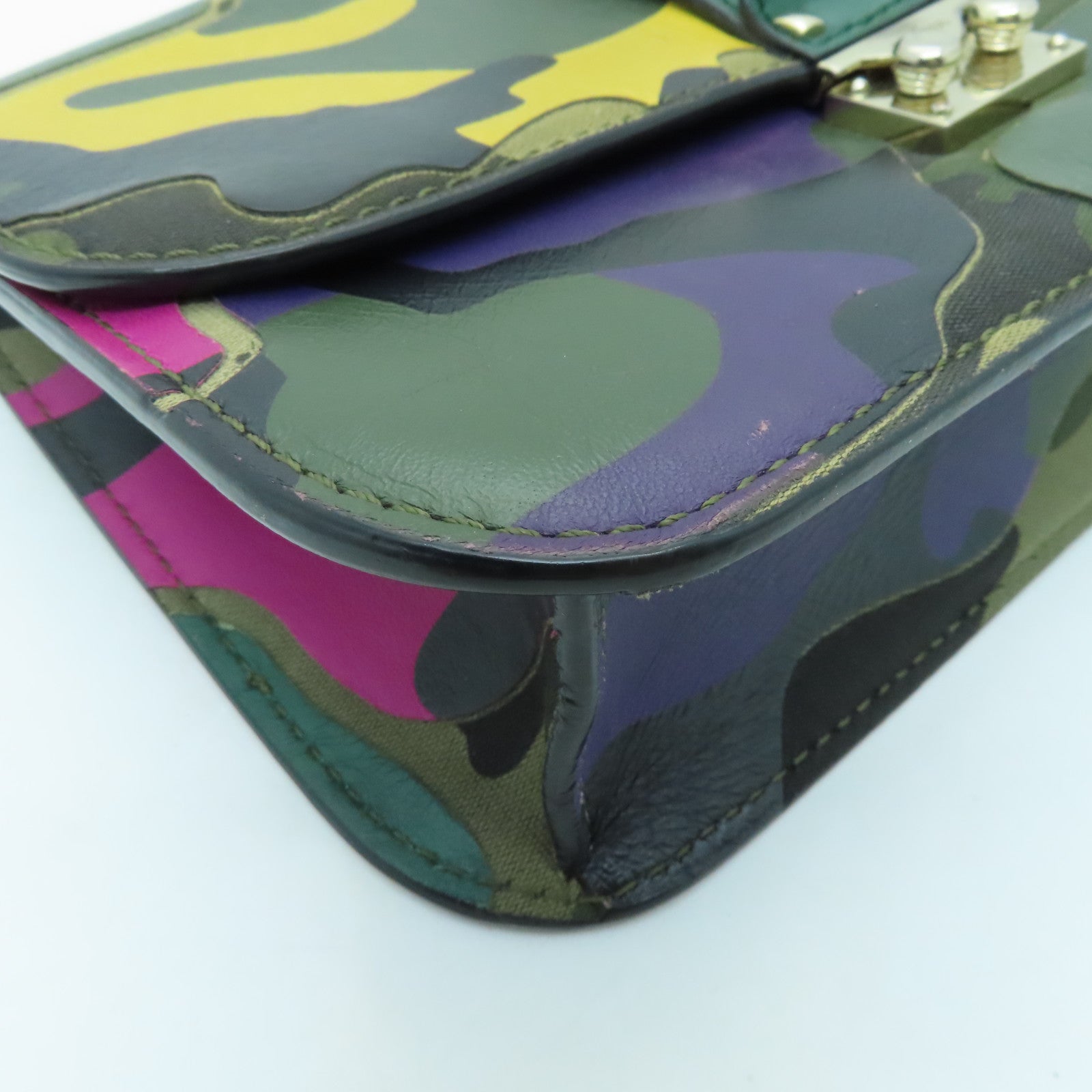 Valentino Leather GLAM Lock Gold Buckle Shoulder Bag Green/Multicolor