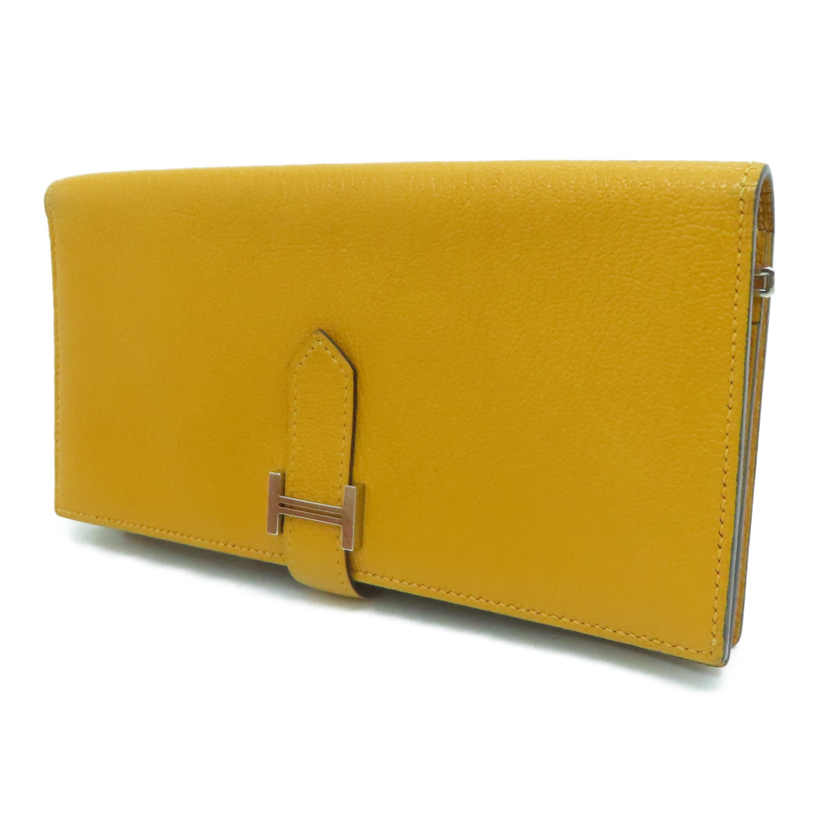HERMES Chevre皮革Bearn bi-fold银扣长钱包Mango/黄色