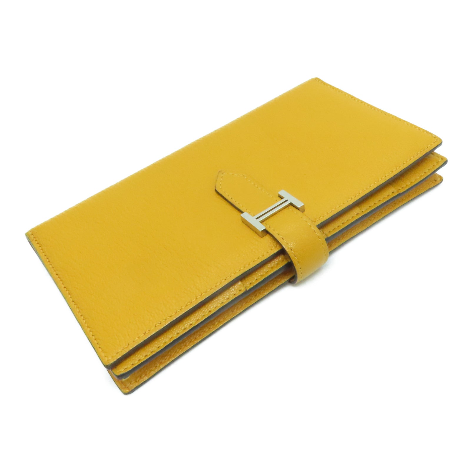 HERMES Chevre皮革Bearn bi-fold银扣长钱包Mango/黄色