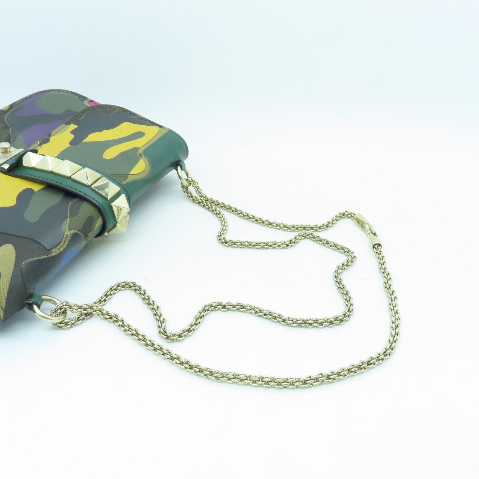 Valentino Leather GLAM Lock Gold Buckle Shoulder Bag Green/Multicolor