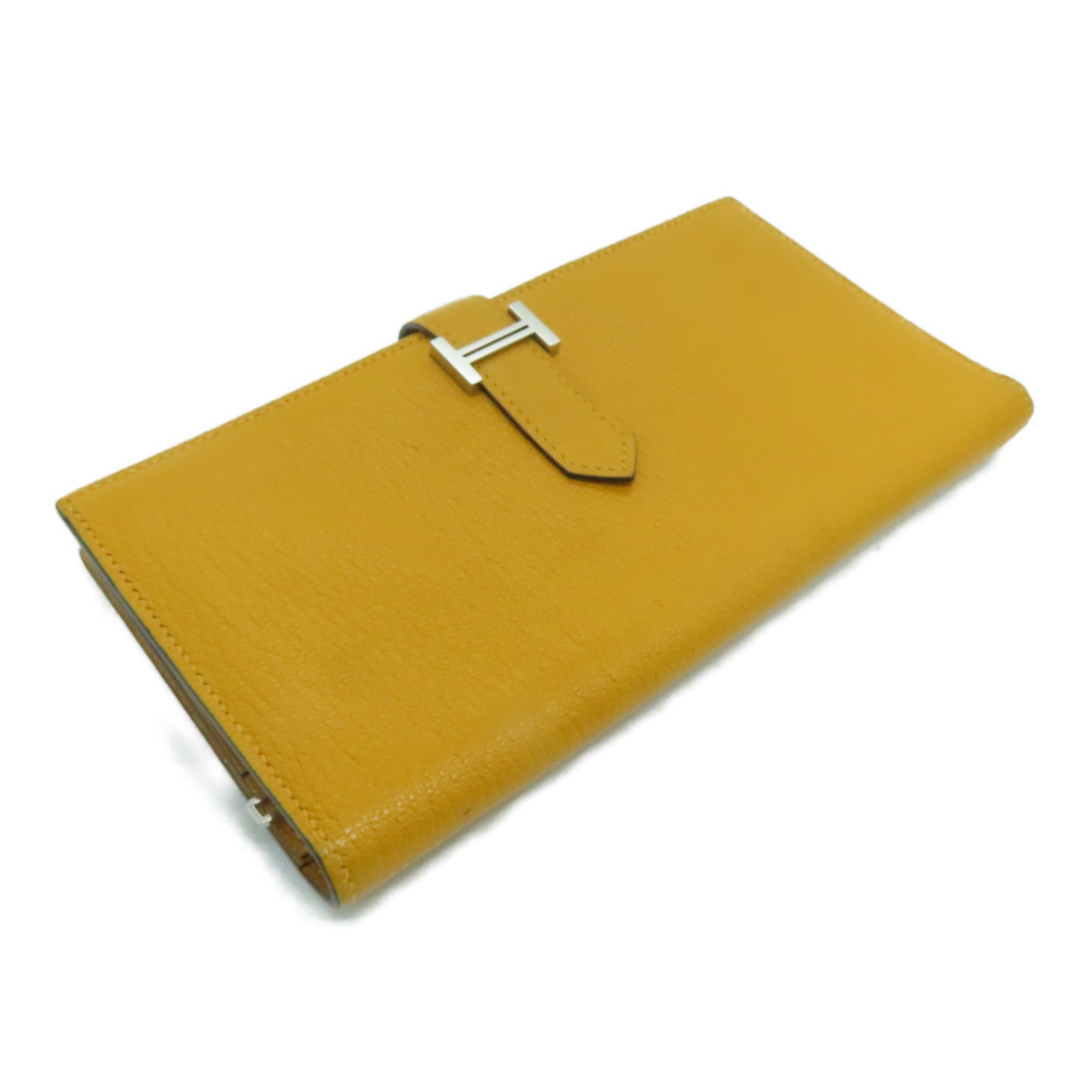 HERMES Chevre皮革Bearn bi-fold银扣长钱包Mango/黄色