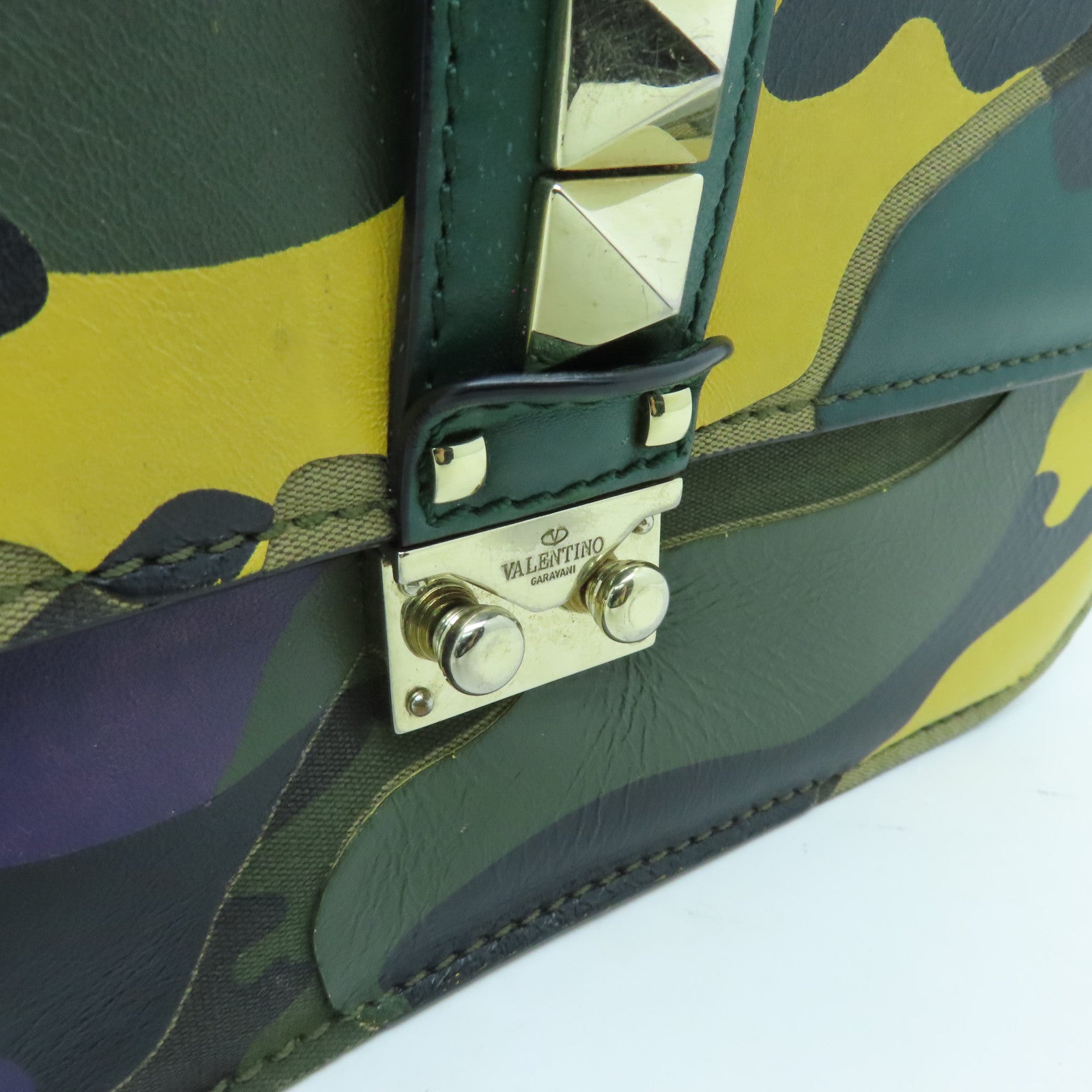 Valentino Leather GLAM Lock Gold Buckle Shoulder Bag Green/Multicolor