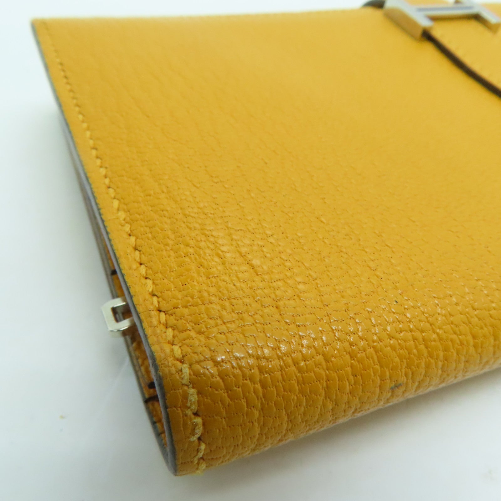 HERMES Chevre皮革Bearn bi-fold银扣长钱包Mango/黄色