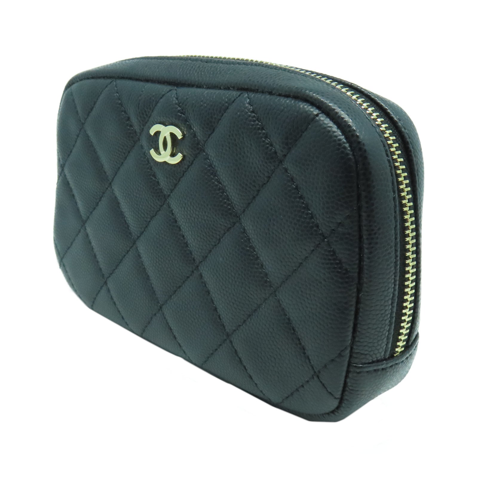 CHANEL 菱格Caviar皮革Pouch金扣手拿包黑色