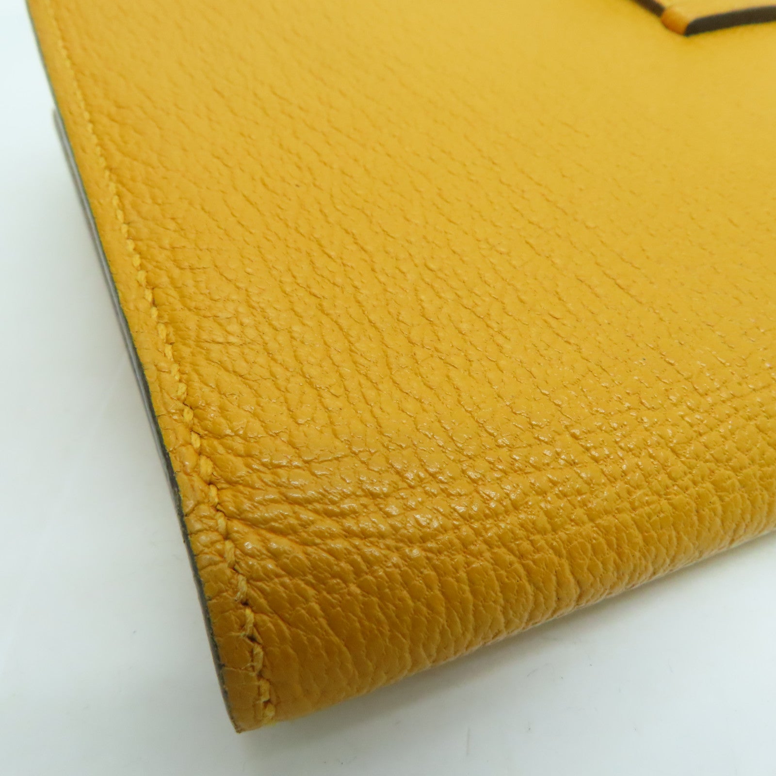 HERMES Chevre皮革Bearn bi-fold银扣长钱包Mango/黄色