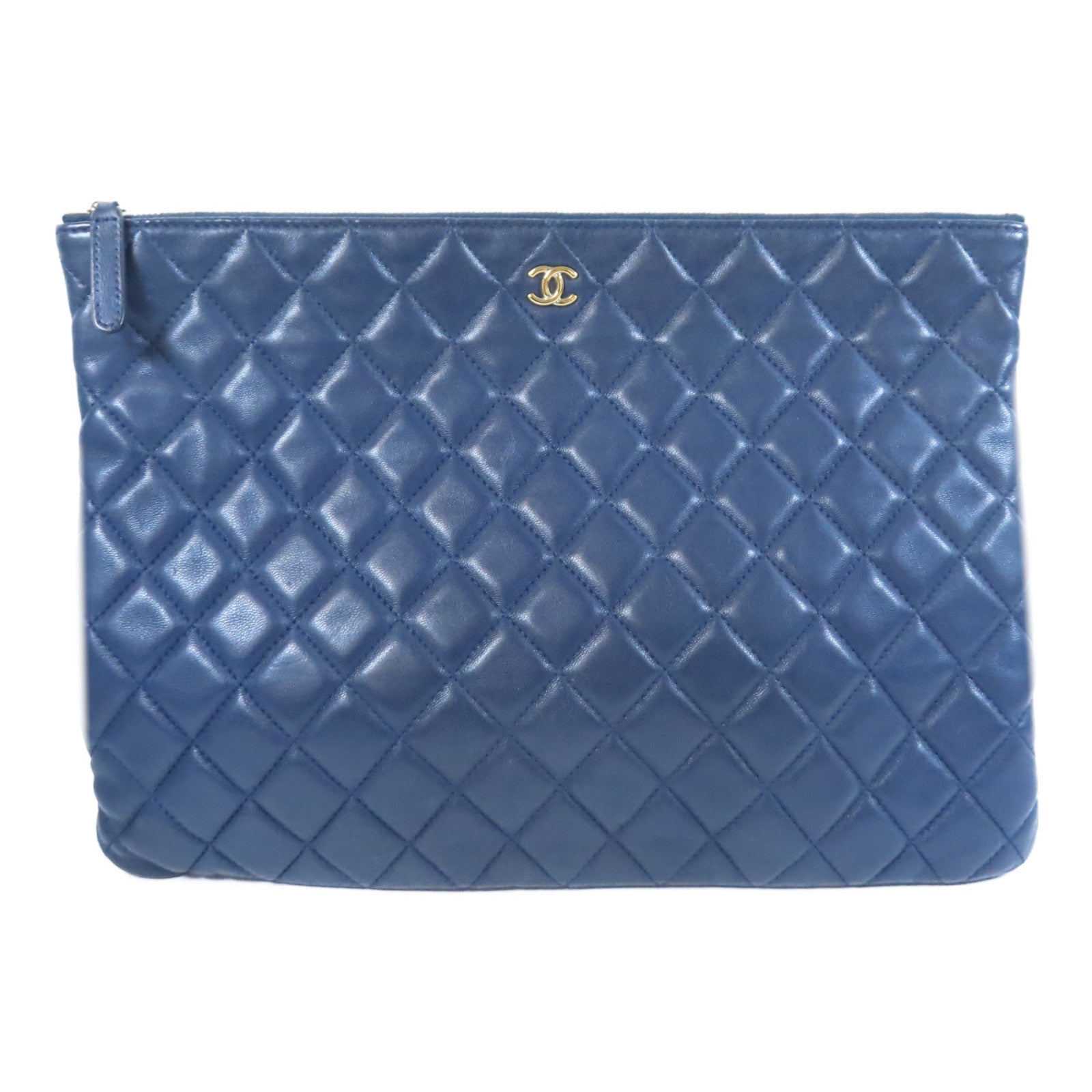 CHANEL 菱格羊皮皮革Pouch Bag金扣手拿包深藍色