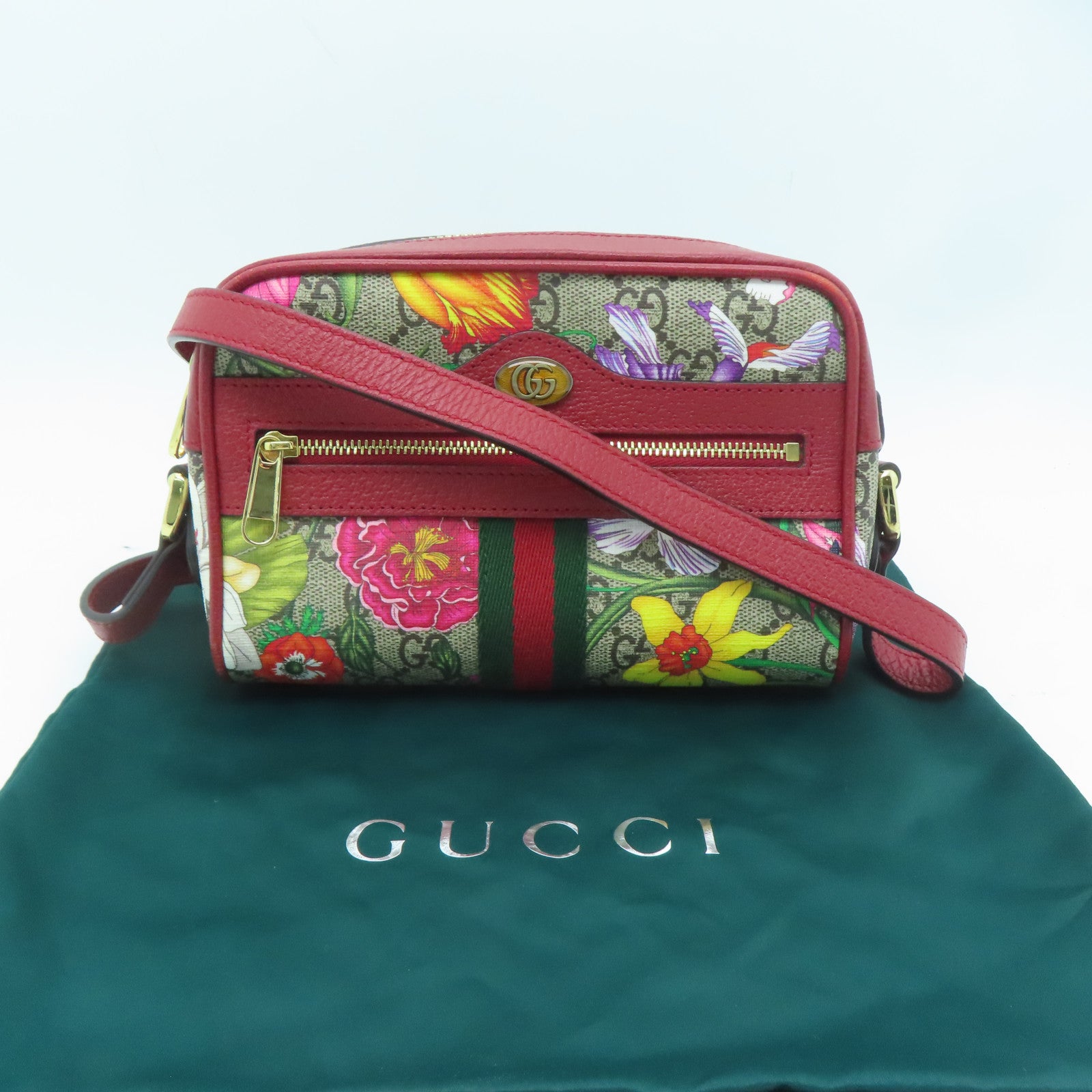 GUCCI 塗層帆布Ophidia GG Supreme Floral Shoulder金扣肩背袋啡色/紅色