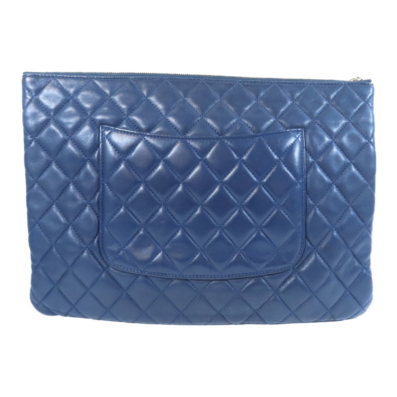 CHANEL 菱格羊皮皮革Pouch Bag金扣手拿包深藍色