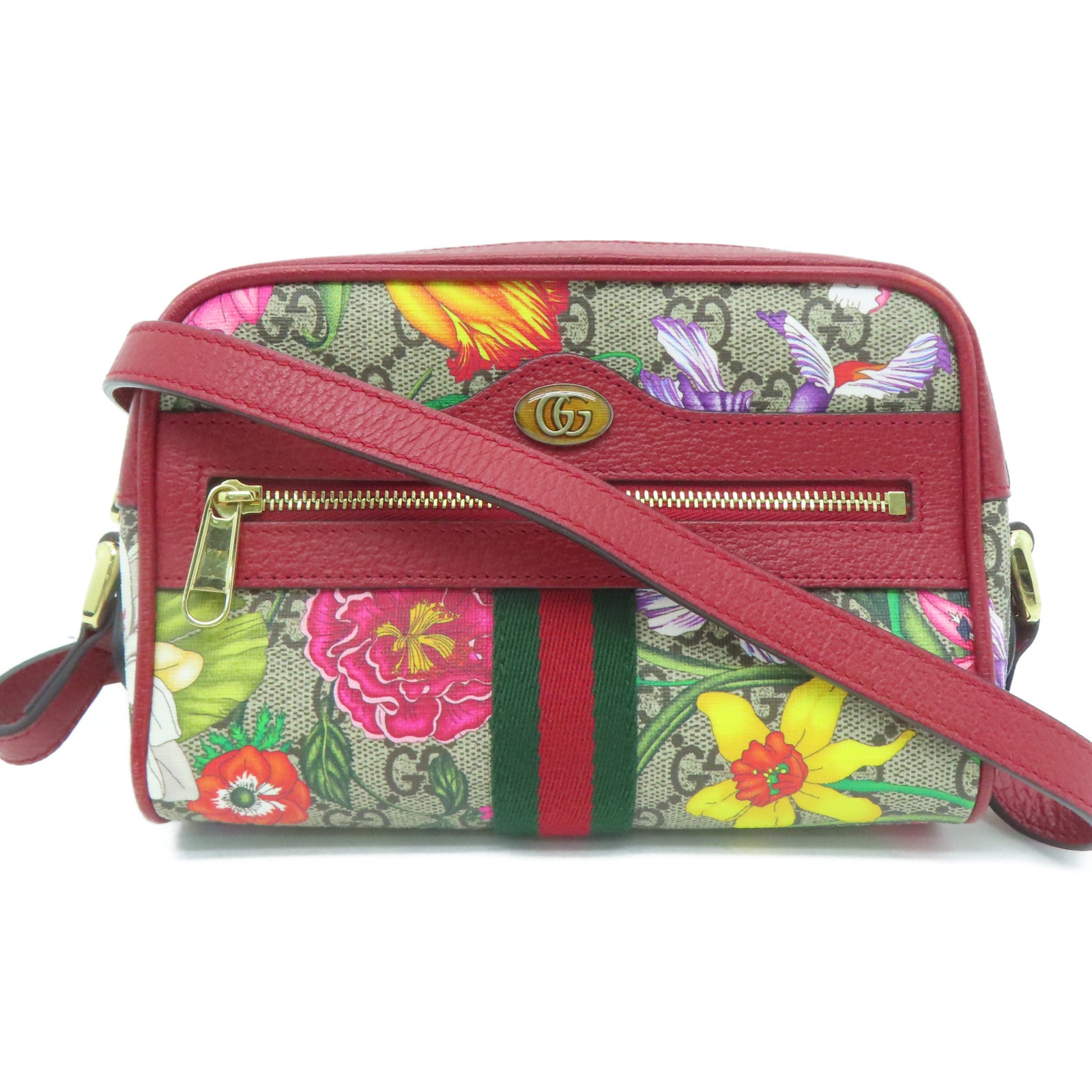 GUCCI 塗層帆布Ophidia GG Supreme Floral Shoulder金扣肩背袋啡色/紅色